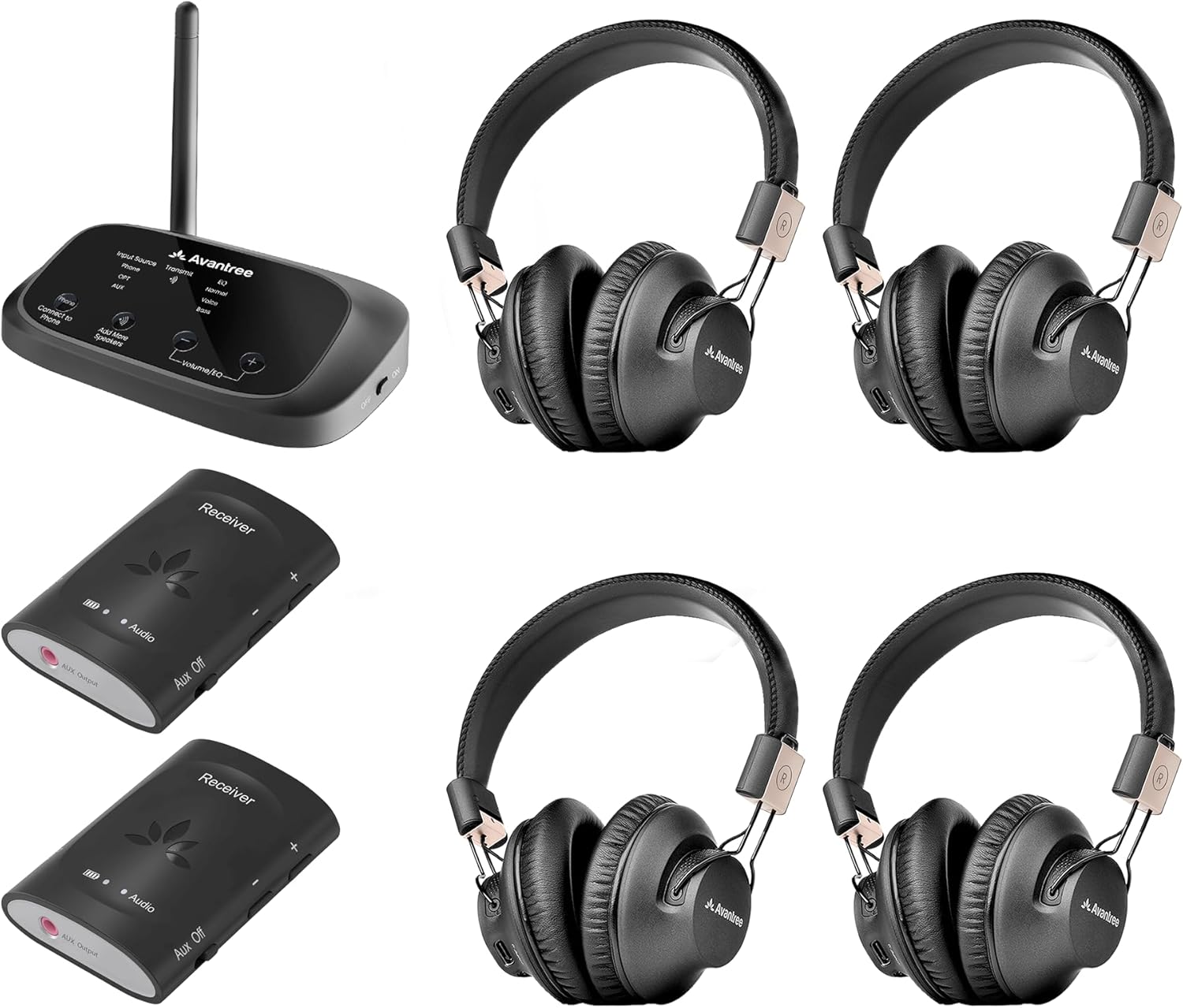 Avantree Quartet 2 & Receiver Bundle - 4 Headphones & 1 Transmitter & 2 Wireless Receivers, Broadcast to Multiple Devices, Wireless Group Listening Set for Parties, Silent Discos, Church, TV