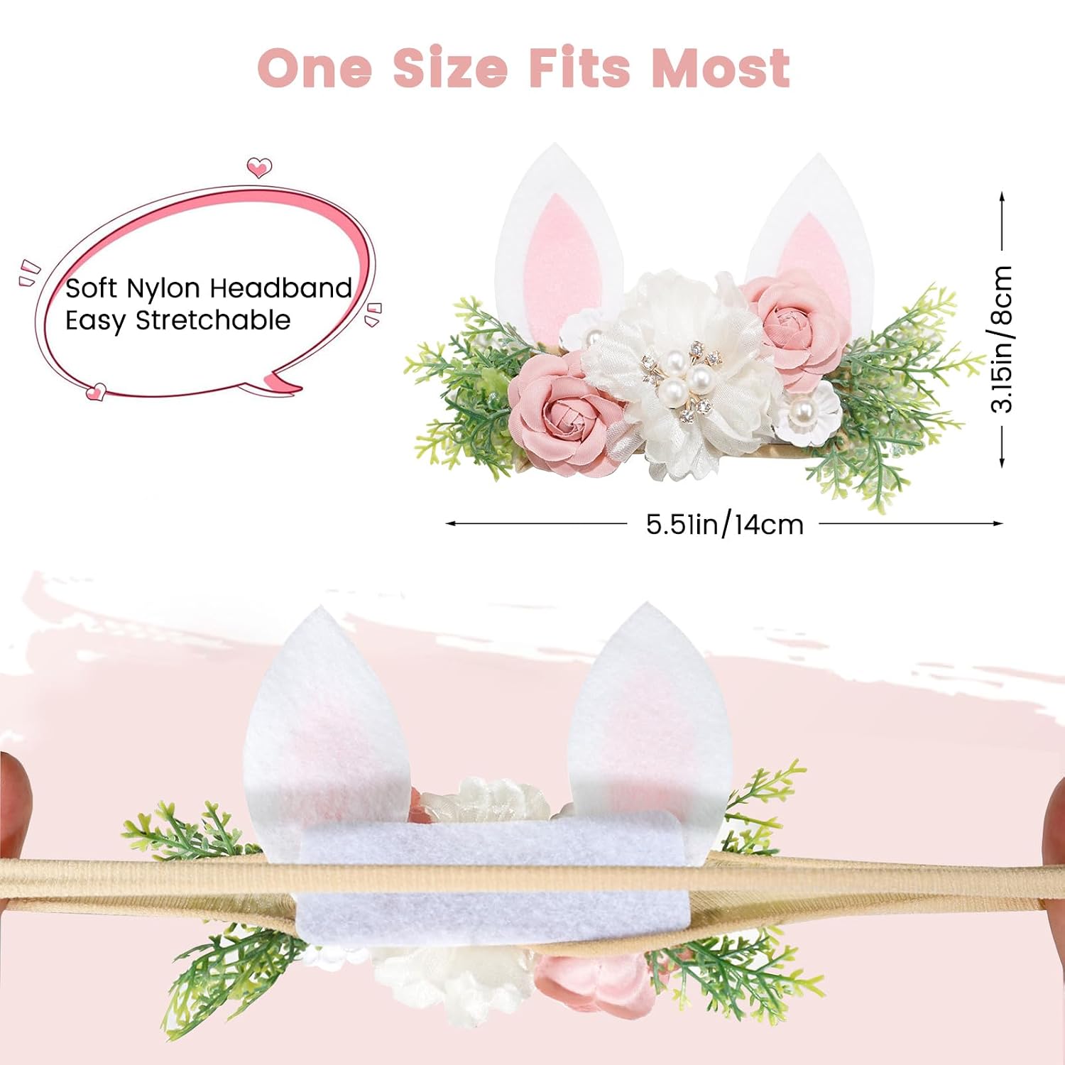 Baby Girls Flower Headband Easter Bunny Ears Nylon Hairband Cute Floral Rabbit Fairy Hair Accessories for Newborn Infant Toddler Kid