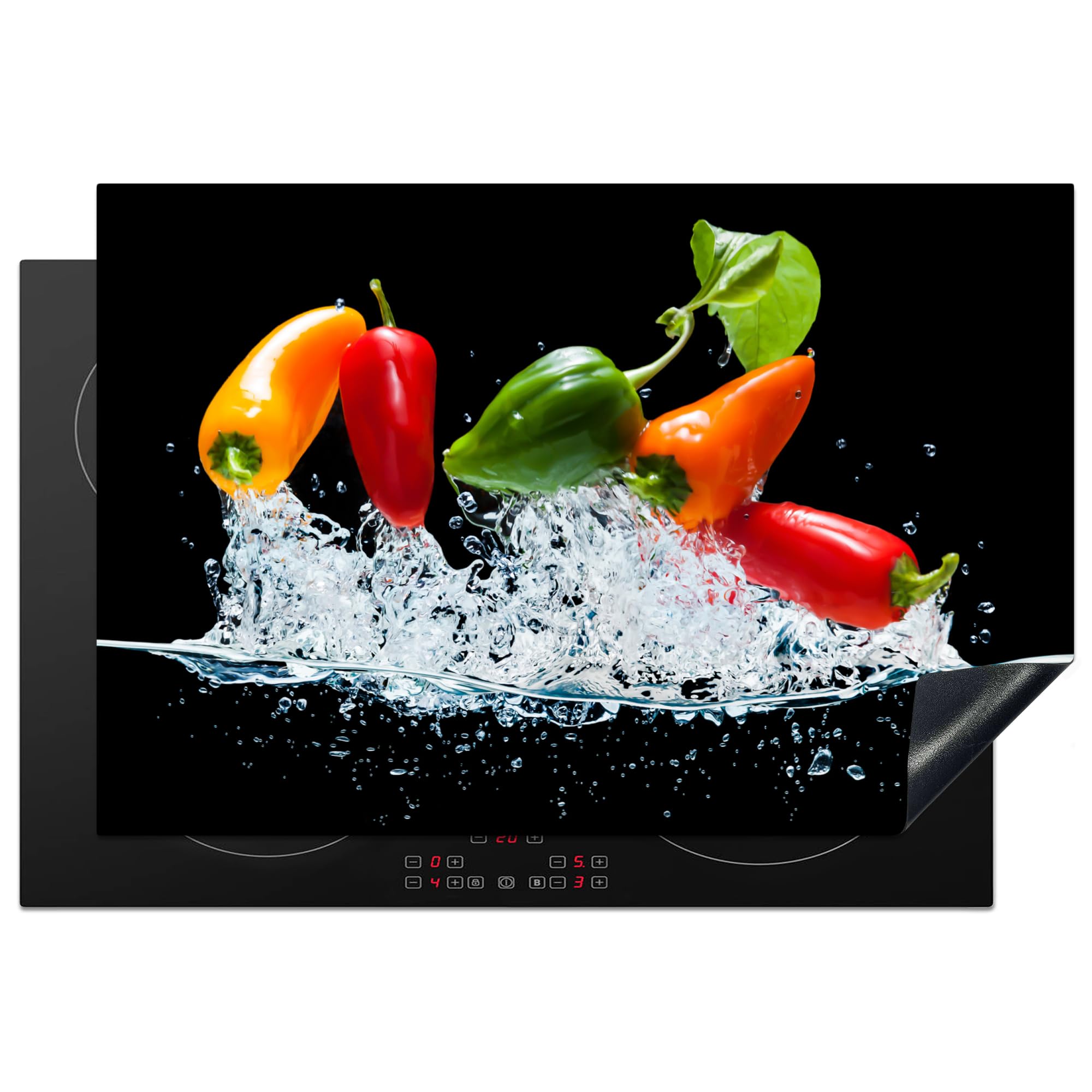 KitchenYeah© Induction Hob Cover Protector Mat 20.3"x29.9" / 76x51.5 cm Kitchen Universal Ceramic Covers for Electric Cookers Vinyl Chillies - Black - Vegetables - Water - Leaf