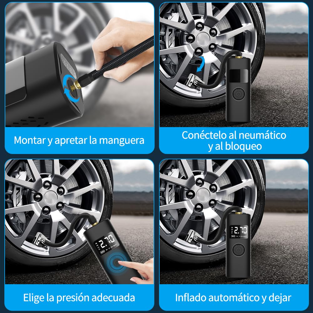 AWESAFE 7800mAh Compresor Aire Portatil 150PSI &Power Bank, Inflador Ruedas Coche con Pantalla LCD Digital y Linterna LED SOS, Bomba de Aire Bicicletas, Scooters, Moto, Coche, Pelotas