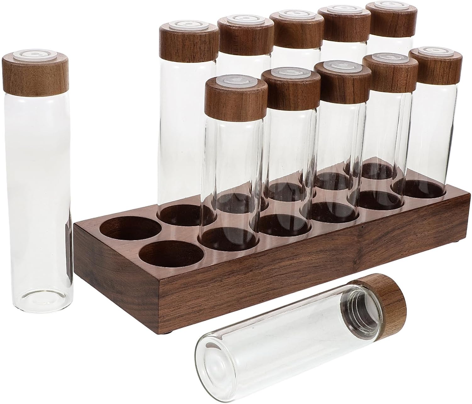 Garneck Coffee Bean Storage Rack with 12-hole Walnut Wood Base, 6 Short 17g and 6 Long 20g Single Dose Glass Vials with Airtight Valves for Home and Cafe Organization