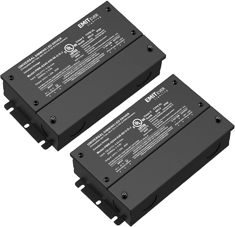 EMITEVER 2-Pack 30W 24V 5-in-1 Dimmable LED Driver, AC 110-277V to DC | Transformer for LED Lighting,Works with Lutron & Leviton,ELV/MLV/TRIAC/0-10V/PWM Compatible,Waterproof IP67,UL Listed,class 2