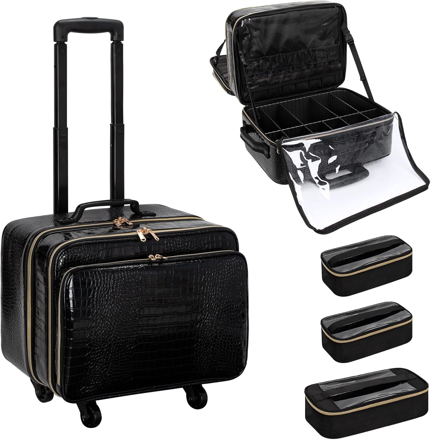 OCHEAL Rolling Makeup Train Case, 18″ Carry On Travel Cosmetic Organizer Suitcase,Extra Large Trolley Makeup Storage Case On Wheels,3 Layers with 3pcs Traveling Bags for Hairstylist Cosmetology Artist