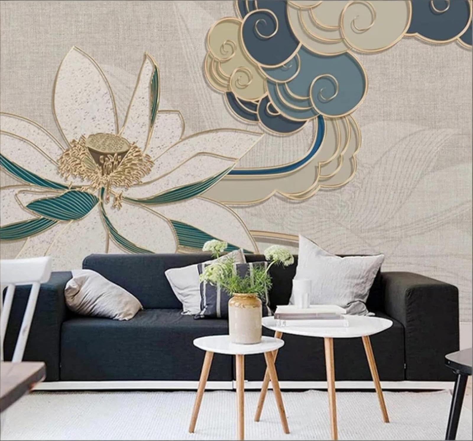 XLMING Gold Relief Lines Lotus Clouds 3D Wallpaper Luxury Silk Study Dining Feature Sofa Grey Bedroom Living Room Tv Decorative Wall-300cm×210cm
