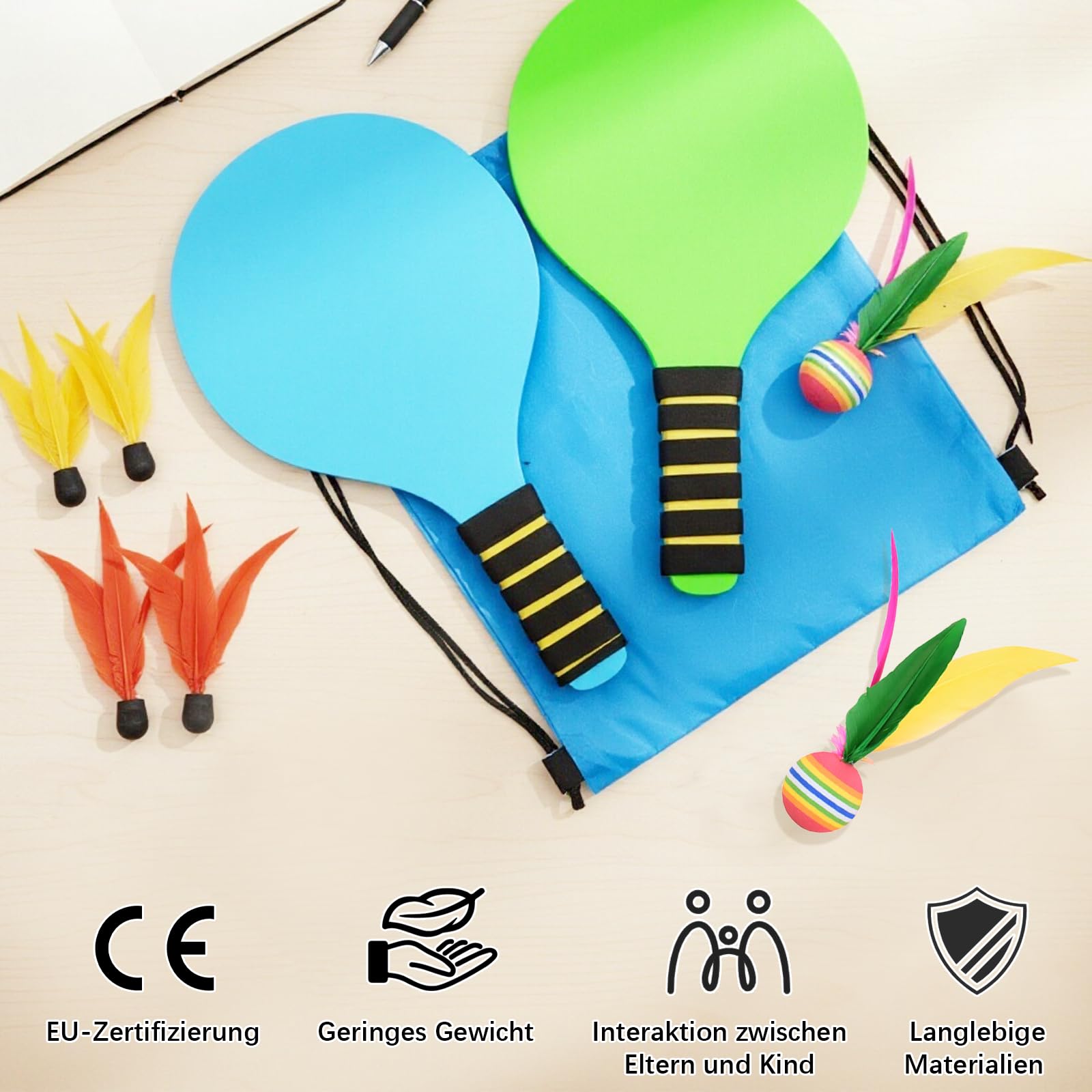 Beach Ball Spiel Set, Strandball Schlägerset für Kinder, Beachball Set with 2 Schläger 6 Federbälle 1 Tasche, Paddleball Spielset für Kinder&Familie für Garten Strand Party