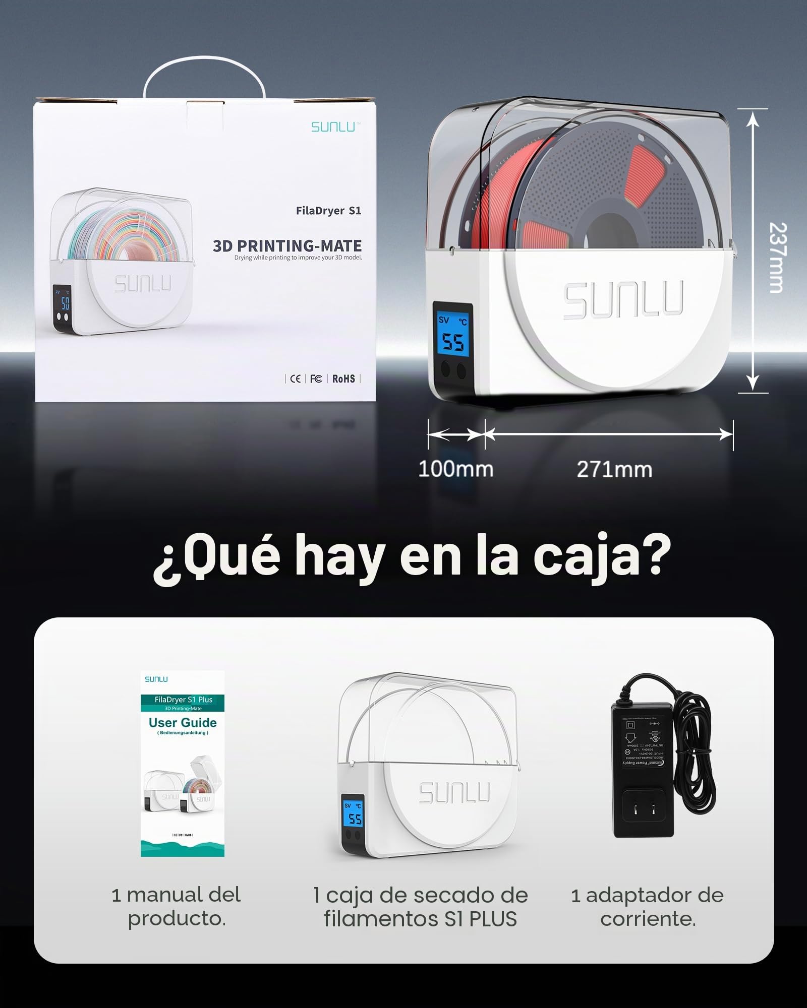 SUNLU Secador S1 Plus con Ventiladores para Filamento 3D PLA/PETG/TPU/ABS, Apto para 1.75mm/2.85mm/3.00mm FDM (Blanco)