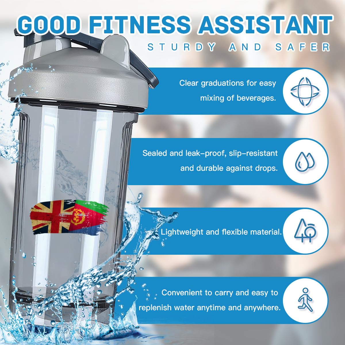 Eritrea'sn America Flag 18 Ounce Shaker Cup,Fashion Theme Pattern Shaker Bottle Leak-proof Workout Shake Bottles 500ML/18 oz Perfect for Pre Workout