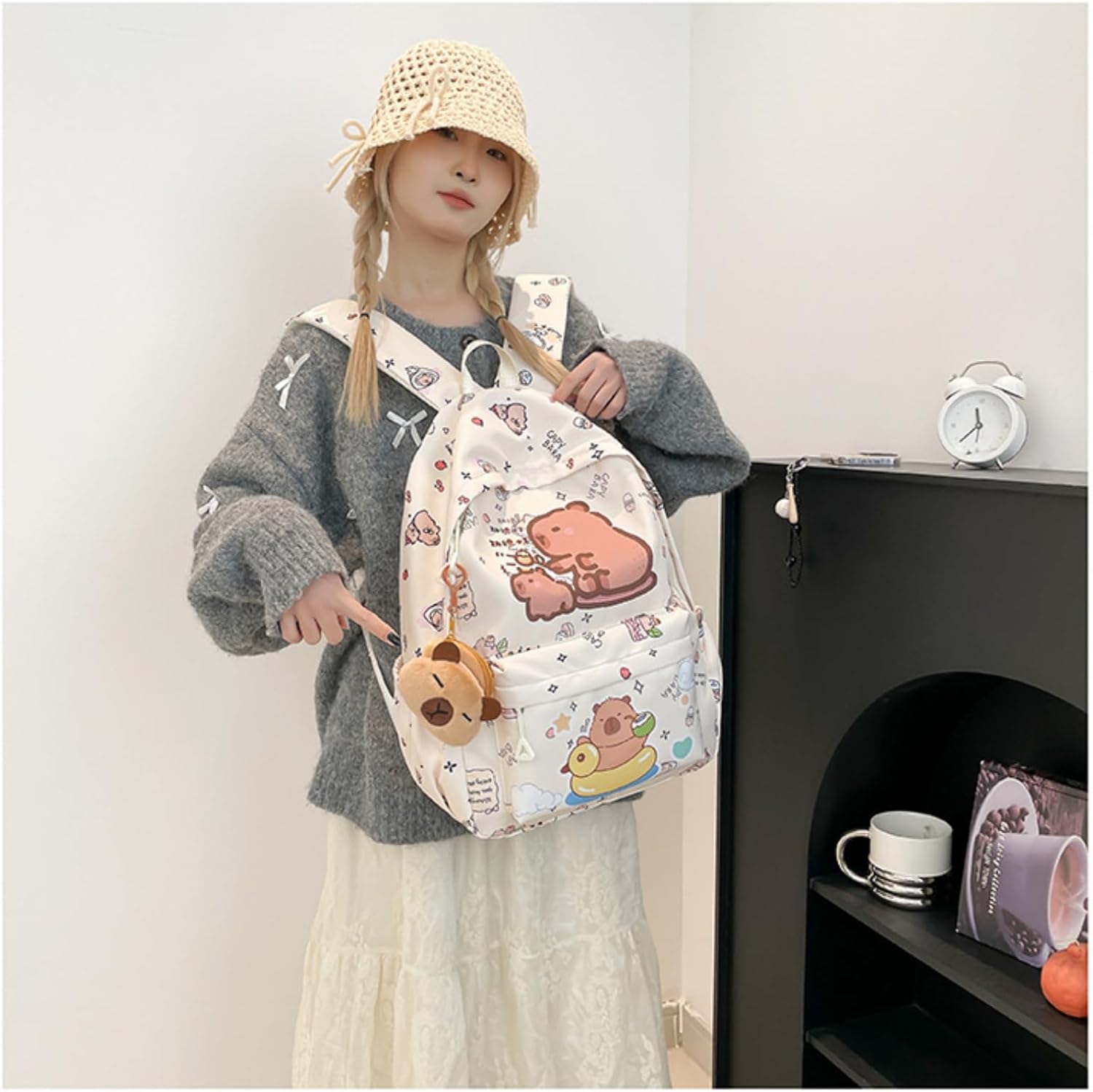 Capybara Fashionable Print Large Capacity Backpack with Pins and Accessories For Adults Ita Bag (White) - Image 4