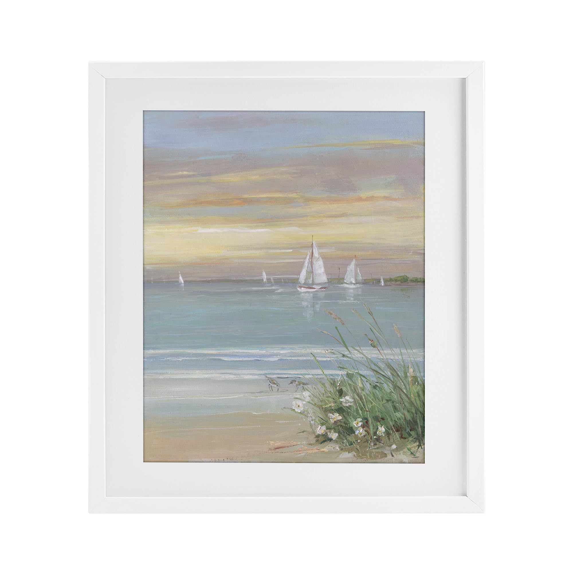 Stupell Industries Coastal White (Textured) Nautical Sailboats Sandy Shore, 17 X 21 Inch Framed Print Under Glass