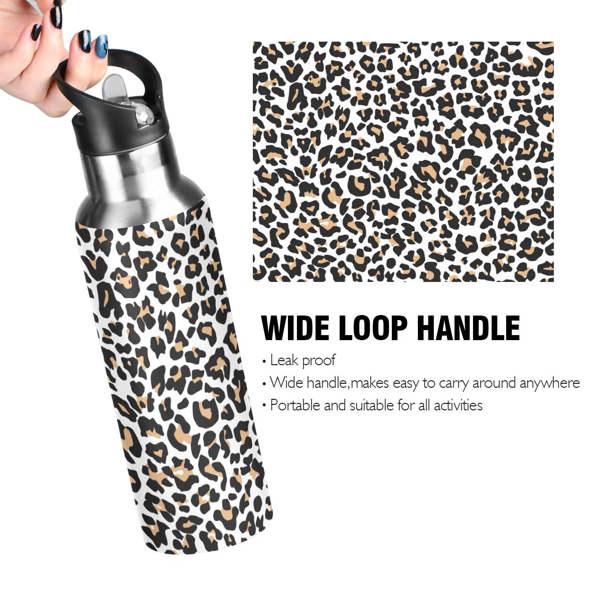 JUMBEAR Brown Leopard Print Water Bottle Acuum Insulated Stainless Steel Leakproof Wide Mouth with Straw Lid for Fitness Gym and Outdoor Sports 22OZ - Image 4