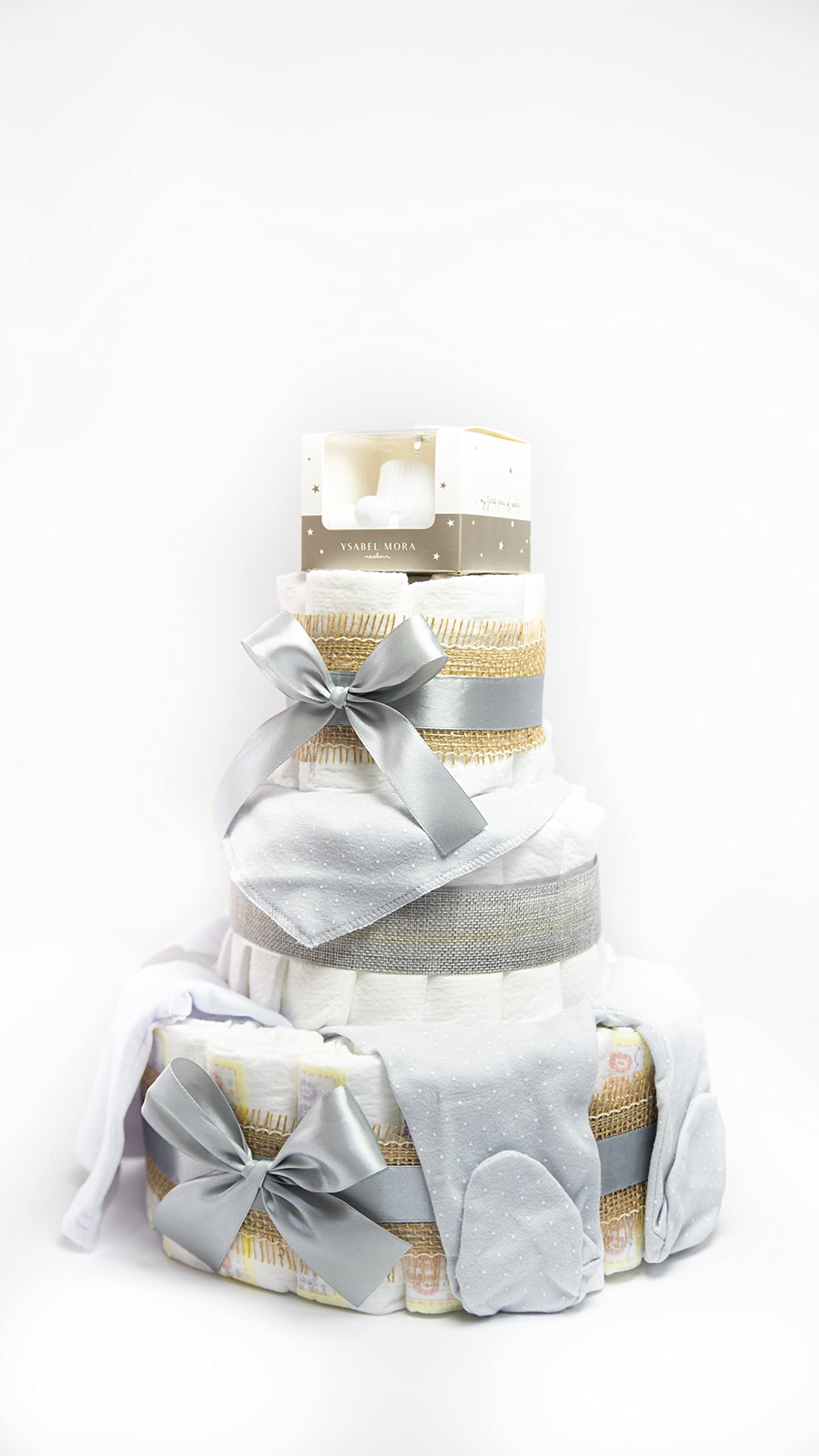 Tarta De Pañales DODOT y Conjunto Bebé 3 pisos - Regalo Original Para Recién Nacido - Incluye DEDICATORIA - Tarta Pañal Bebé Con Ropa 0-6 meses (Gris Unisex)