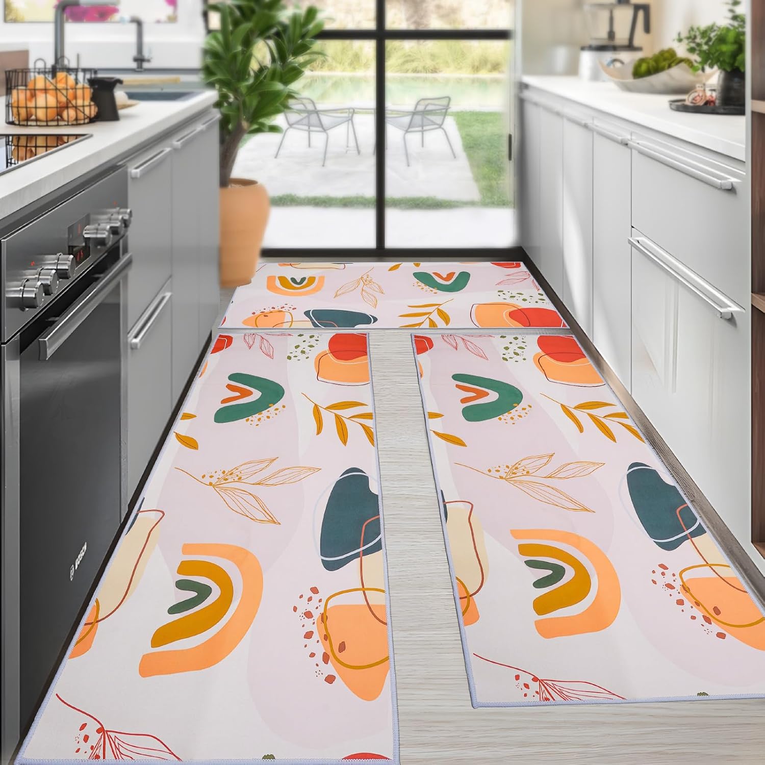 Gold KIAIN Boho Kitchen Rugs Sets of 3, Waterproof Anti
