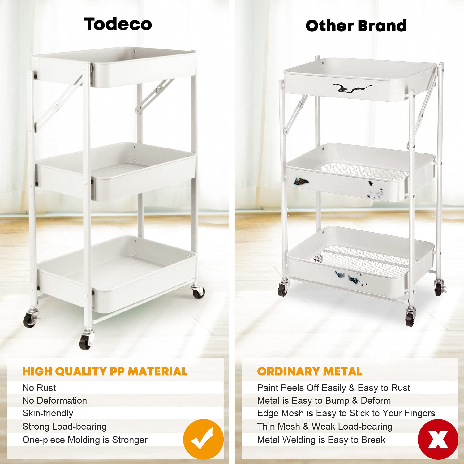 Todeco Desserte à roulettes Pliante, Chariot Mobile à 3 Niveaux, Chariot de Cuisine, Pas d'assemblage, 46 x 29 x 78 cm, pour Cuisine, Bureau, Salle de Bain, Vestiaire (Blanc)