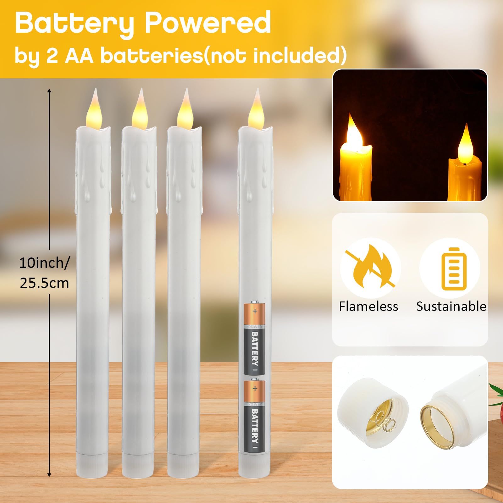 Baquler Lot de 24 bougies coniques sans flamme à piles - Simulation de cire qui coule - Bougies LED vacillantes pour mariage, Saint-Valentin, dîner, décoration d'intérieur - Blanc