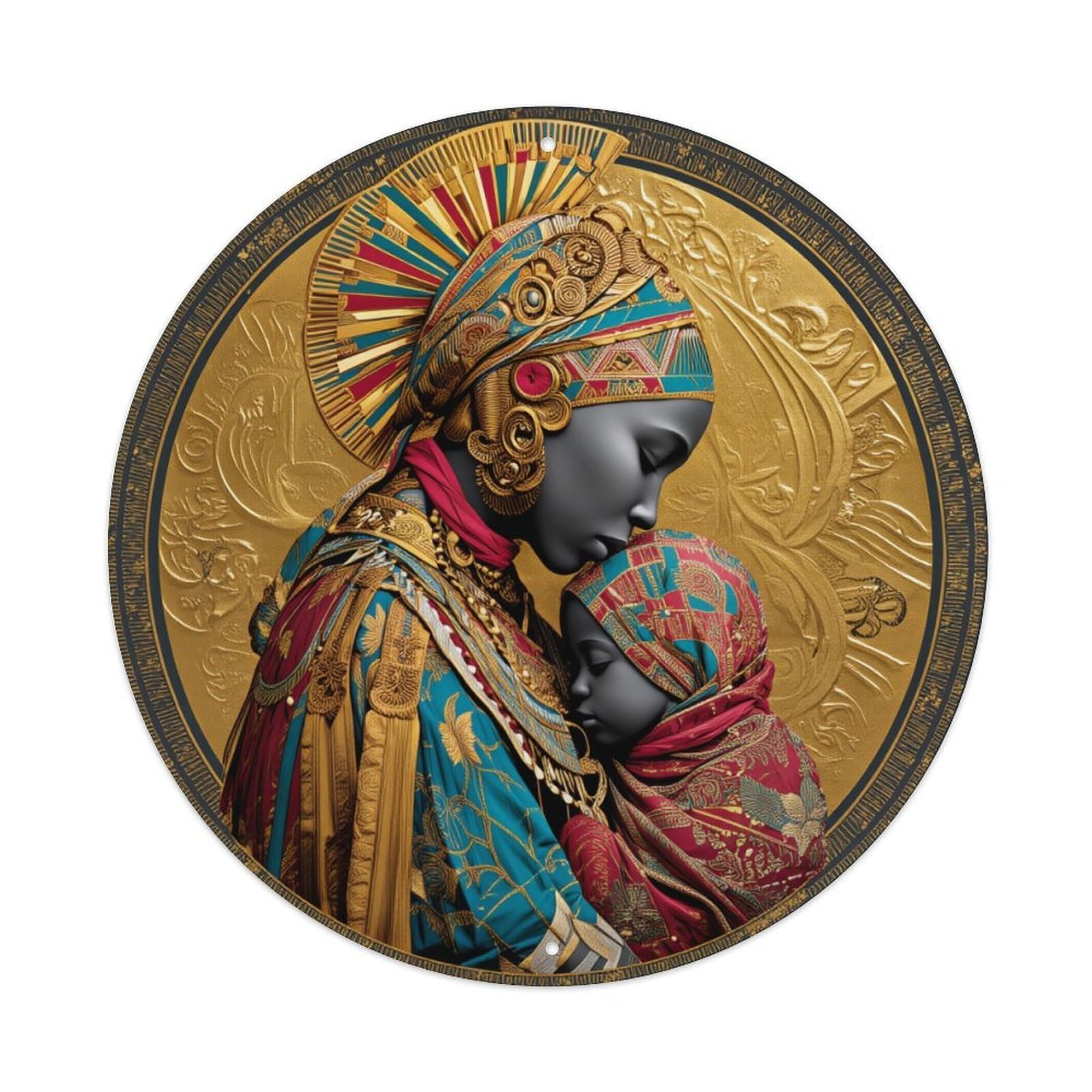 Golden Radiant Headdress Ornate Fabric Pattern Round Tin Sign Vintage Metal Sign Home Bar Garden Indoor & Outdoor Wall Decor Retro Metal Poster 8x8 Inch