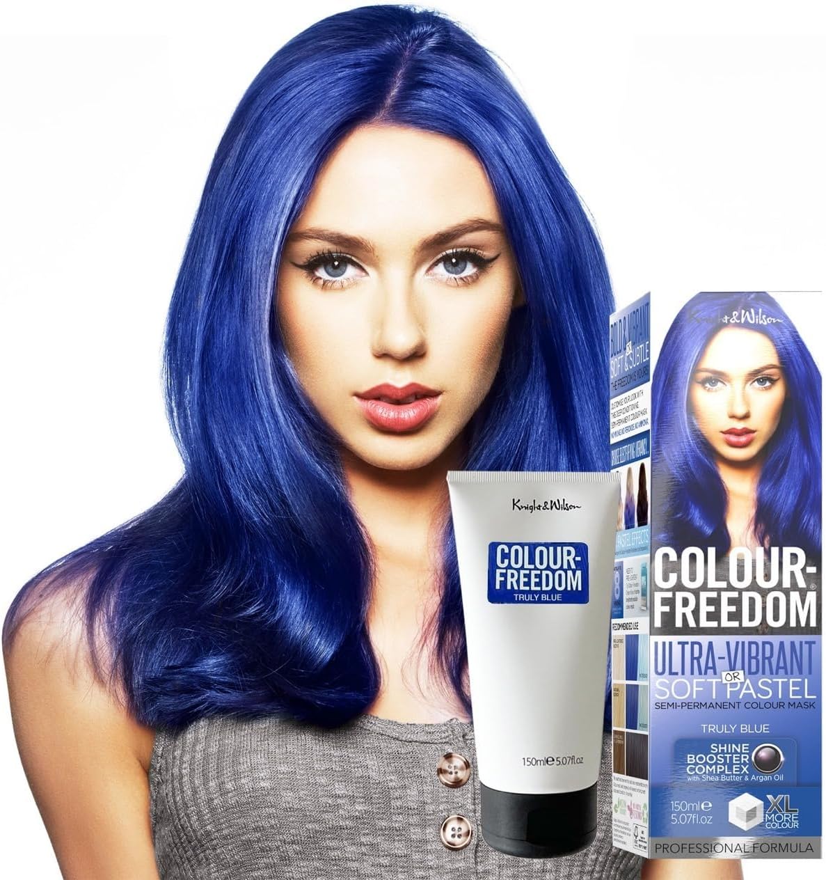 Knight & Wilson Colour-Freedom 150ml Truly Blue Semi-Permanent Hair Colour - Ultra-Vibrant Vegan Friendly Colour Mask with Shine Booster Complex - Ammonia Free Colour Lasts Up To 6-10 Washes