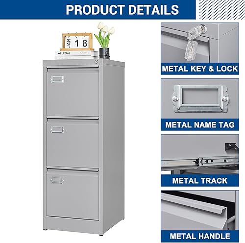 Miniatura 9 de Fesbos Archivadores verticales de 3 cajones  Archivador de 17.8 pulgadas de profundidad con cerradura  Armarios de almacenamiento de metal para