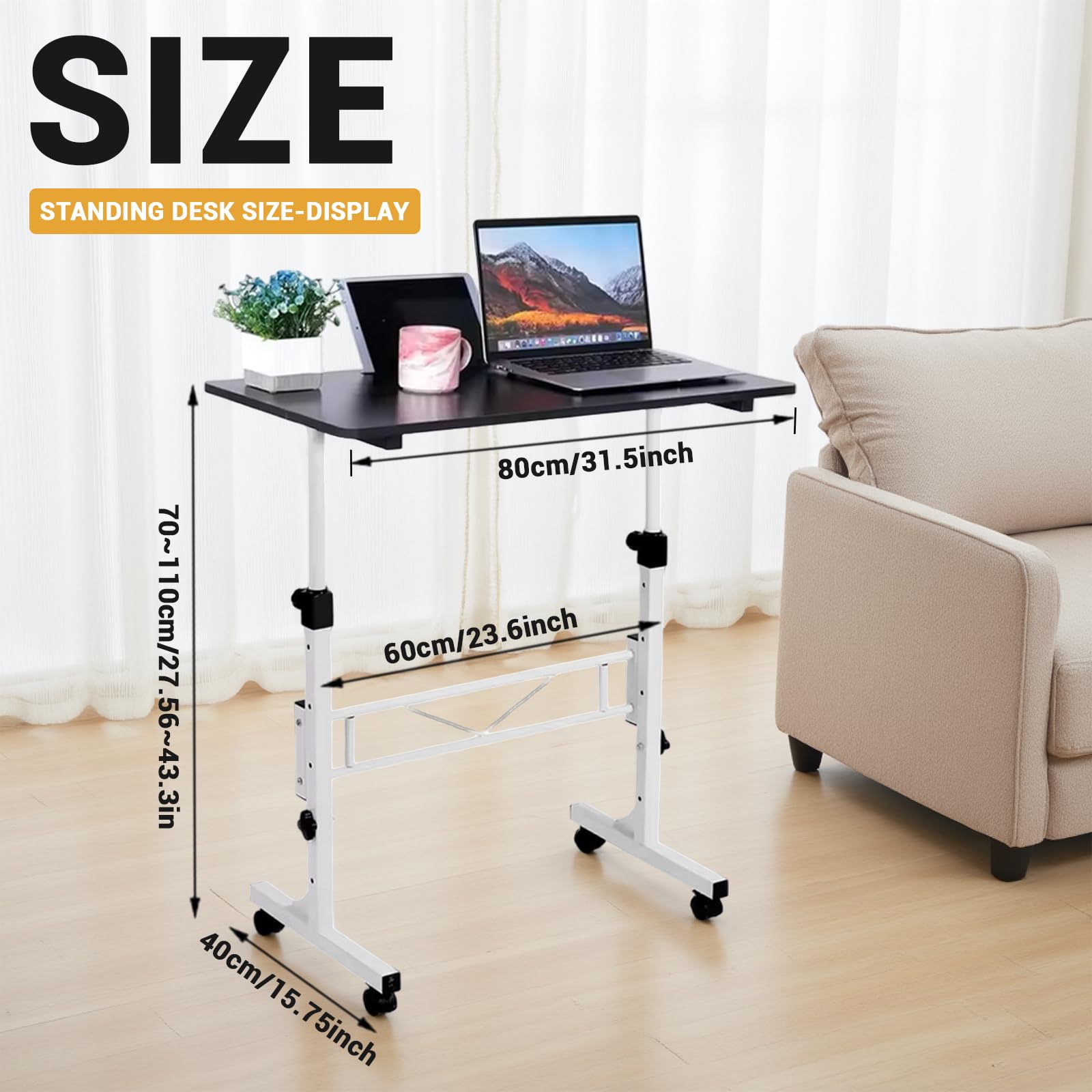 GarveeLife Scrivania regolabile in altezza con ruote, tavolo per computer, scrivania per camminare, tapis roulant, tavolo per PC, piccolo per casa e ufficio, 80 x 40 cm