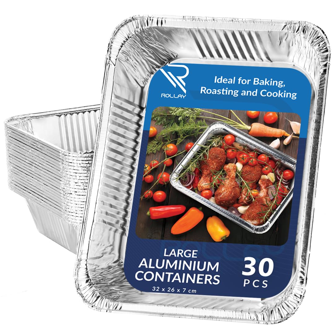 Rollay Bandejas grandes de aluminio de profundidad (32 x 26 x 7 cm), bandejas de aluminio para cocinar, hornear, asar, asar y fiestas (3500 ml) (30 bandejas)