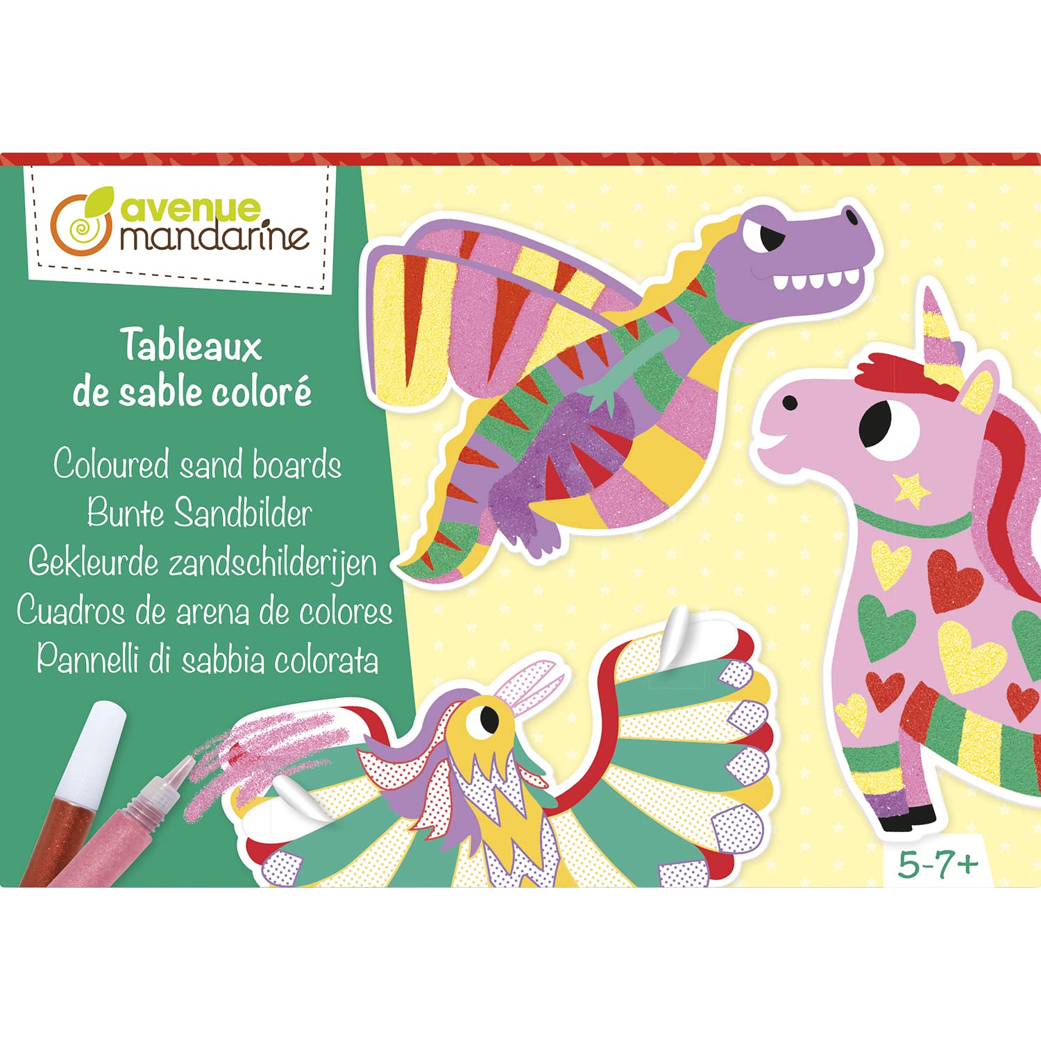 AVENUE MANDARINE - Kit creativo de arena colorido - Animales fantásticos - 4 cuadros para colorear y colgar - Ganchos adhesivos incluidos - Ocio Creativo, DIY - A partir de 5 años - KC137C