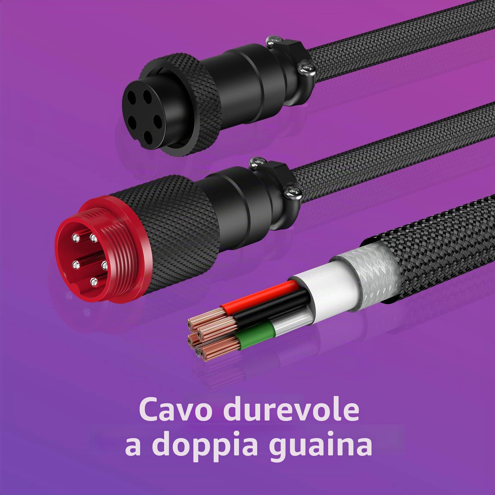 HyperX Cavo a spirale flessibile, Collegamento USB-A/USB-C, Connettore aviator a 5 terminali a sgancio rapido, Collegamento per tastiera, Design a doppia guaina telata resistente, Grigio