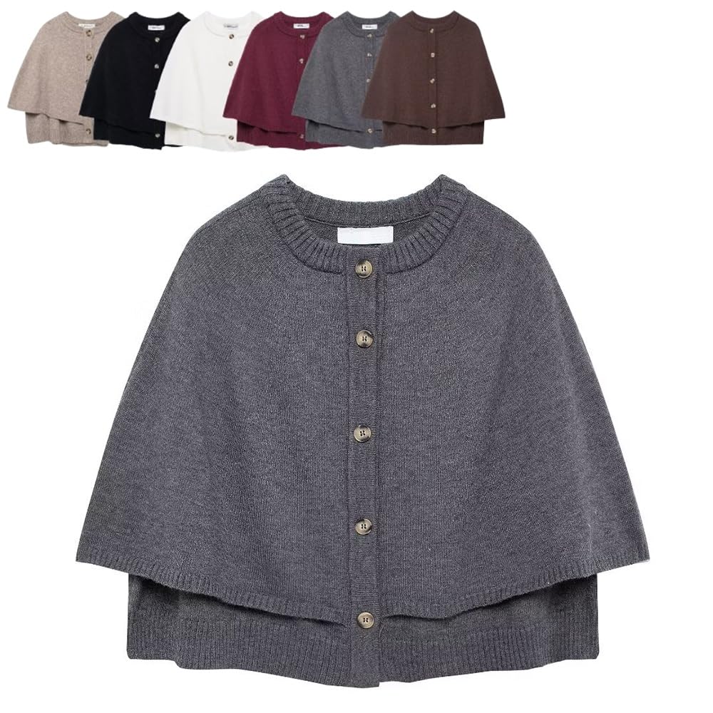 Womens Cropped Knit Cape Cardigan Button Up Shawl Sweater Coat Round Neck Half Sleeve Knitwear