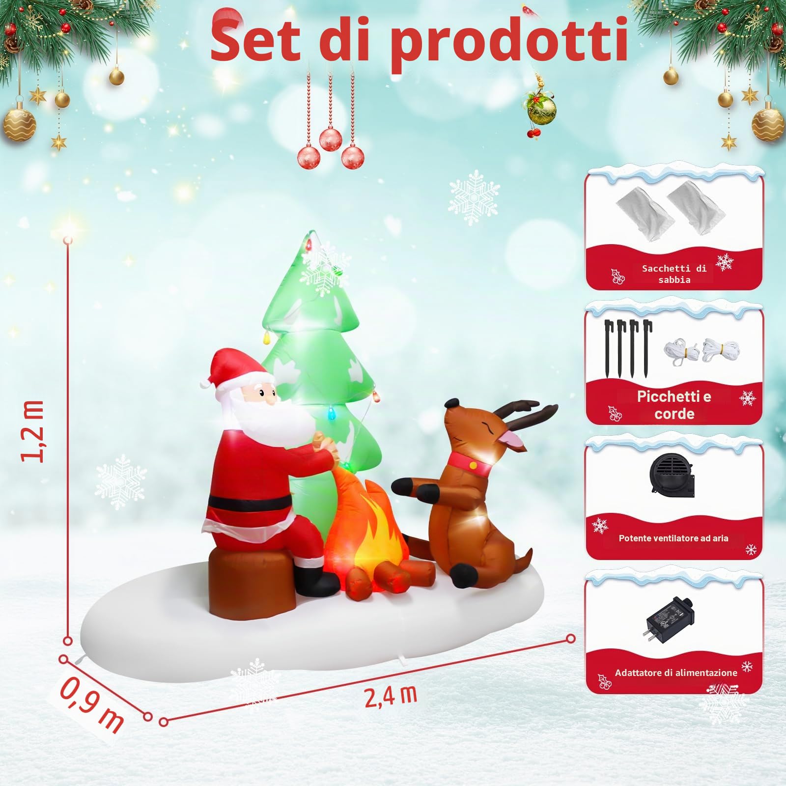 Decorazione gonfiabile di Babbo Natale da 2,4 metri: decorazione natalizia gonfiabile con luci a LED integrate, Babbo Natale con cervo che arrostisce sotto l'albero di Natale, decorazione gonfiabile