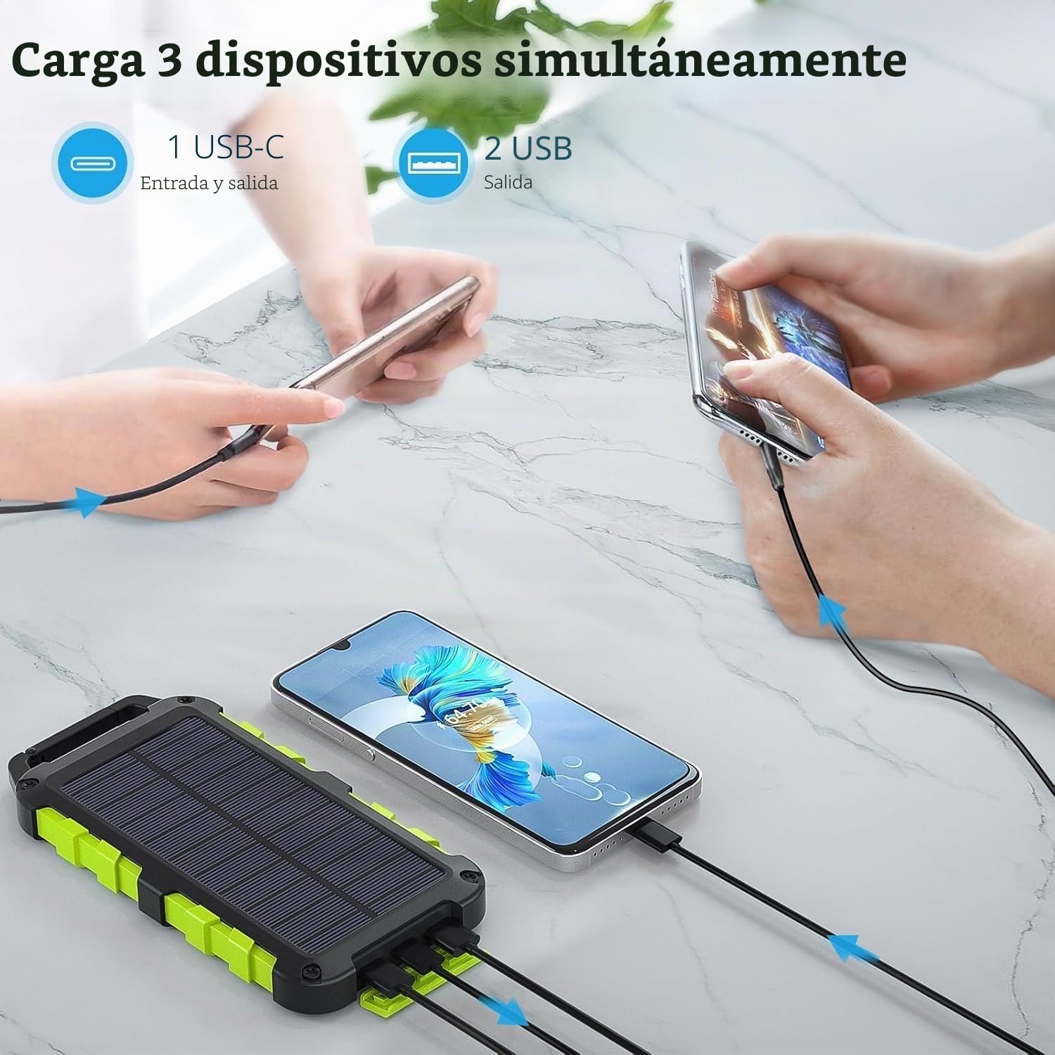TOENNESEN Cargador Solar 26800 mAh Power Bank Solar, Bateria Externa con Carga Rápida 15 W Impermeable IPX4 2 Puertos USB + Linterna LED Compatible con Smartphones Tablets Camping y Emergencias