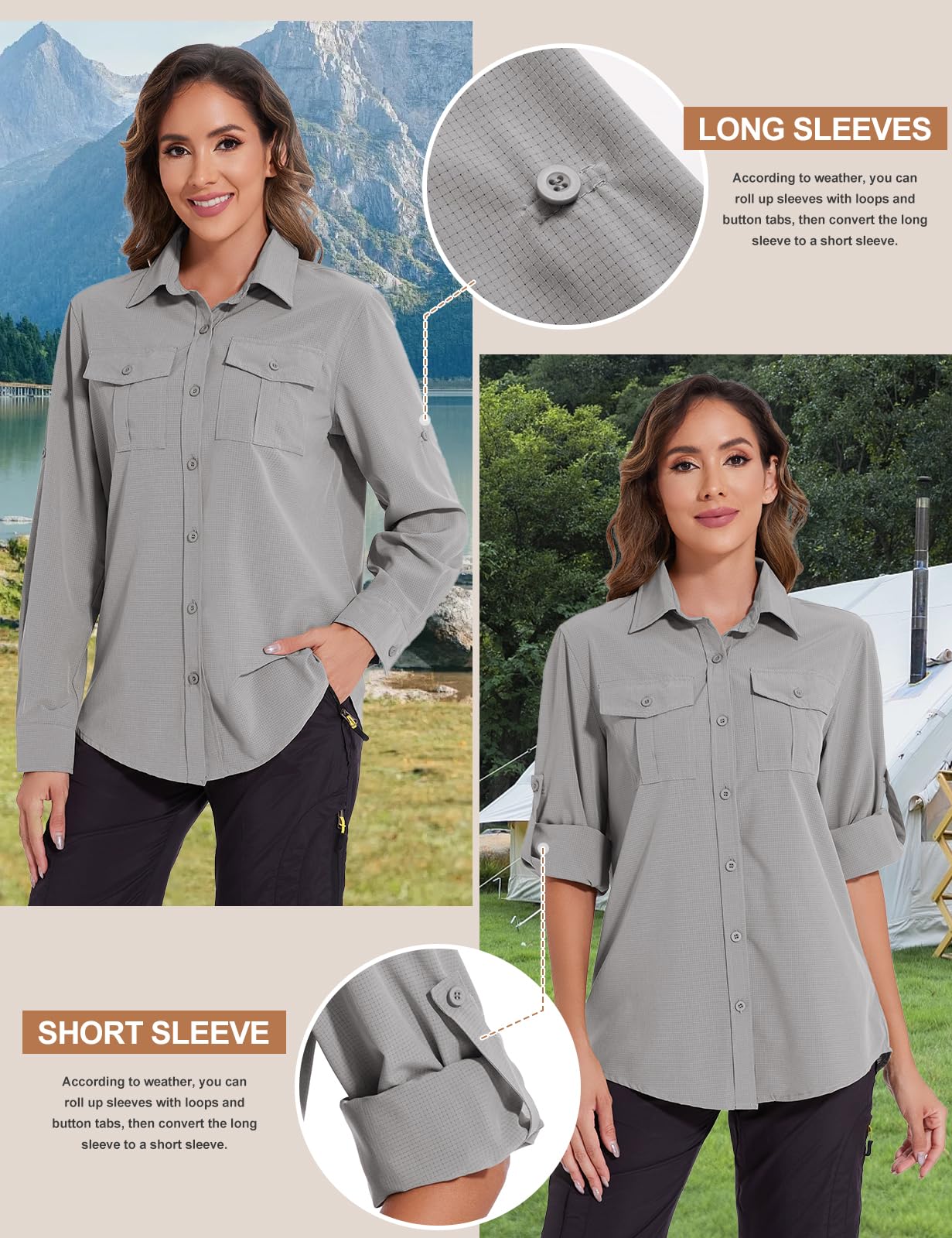 Tuopuda Chemisier Femme Chic Élégant Blouses UPF 50+ Protection Solaire T-Shirt Chemise Col en V avec Boutons Respirant Tunique Haut Manches Longues Décontracté Tops Randonnée Safari