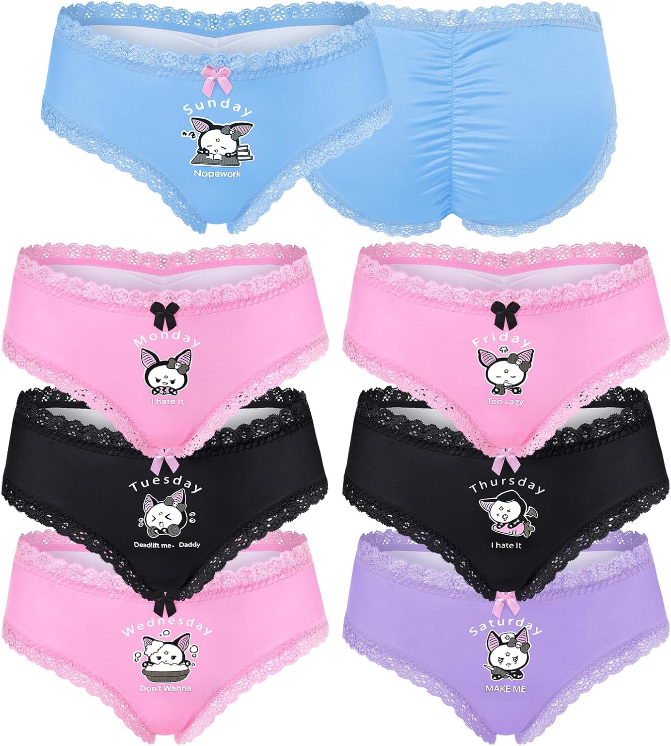 Littleforbig Women's Ladies Soft Silky Underwear Hipster Briefs Babydoll Batty Brat Days of the Week 7 Pack Panties Set
