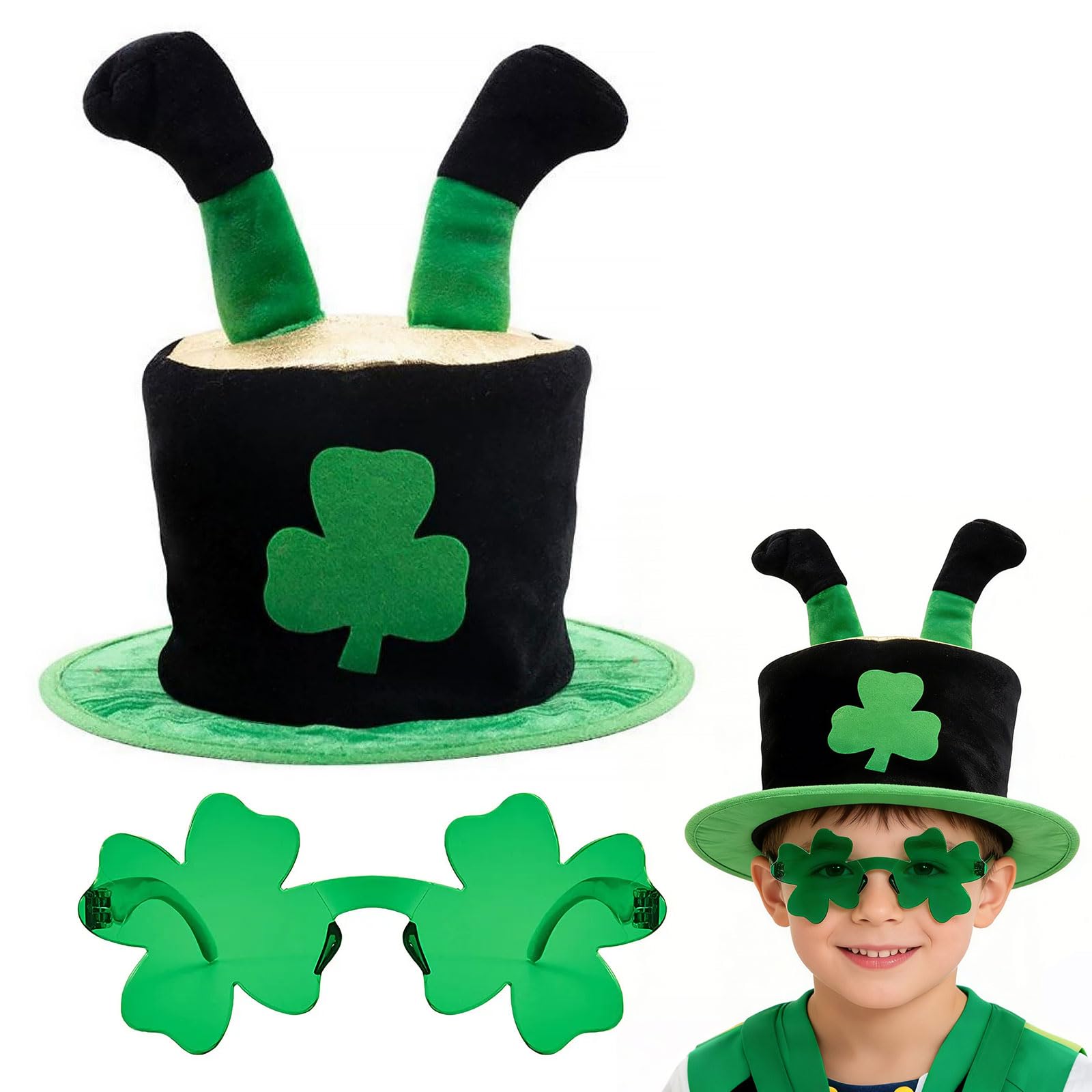 Fogcosy St Patricks Day Accessories, Green Shamrock Hat and Glasses, St Patricks Day Clover Decorations, Irish Green Clover Glasses, Irish Accessories for Party Gathering Festival Supplies