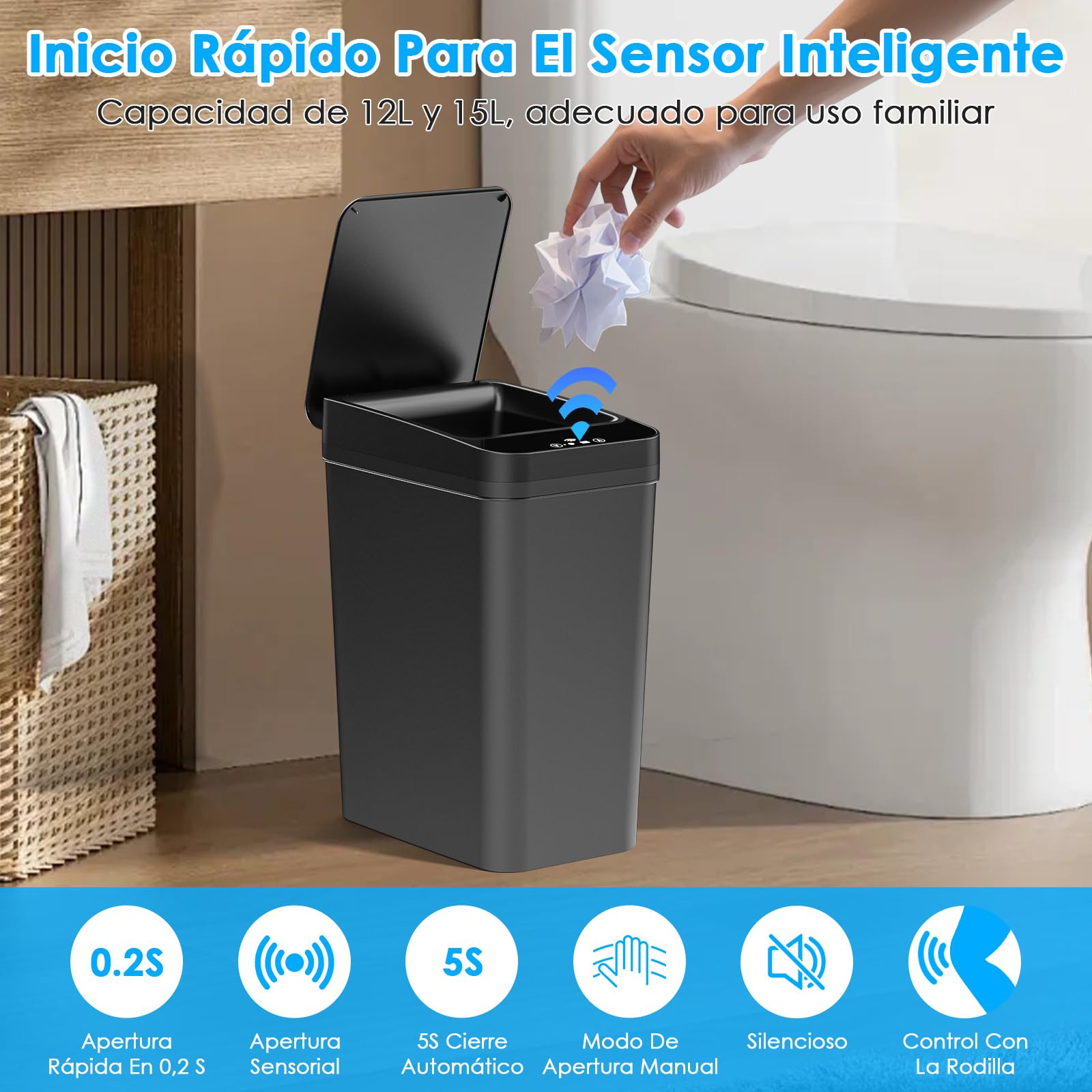 Dreamhigh Cubo Basura Automático Set De 2, Papelera Inteligente De 15L Y 12L Con Tapa Automática Y 3 Modos, Silenciosa E Impermeable Para Cocina, Baño, Oficina, Cubo Basura Baño Con Sensor