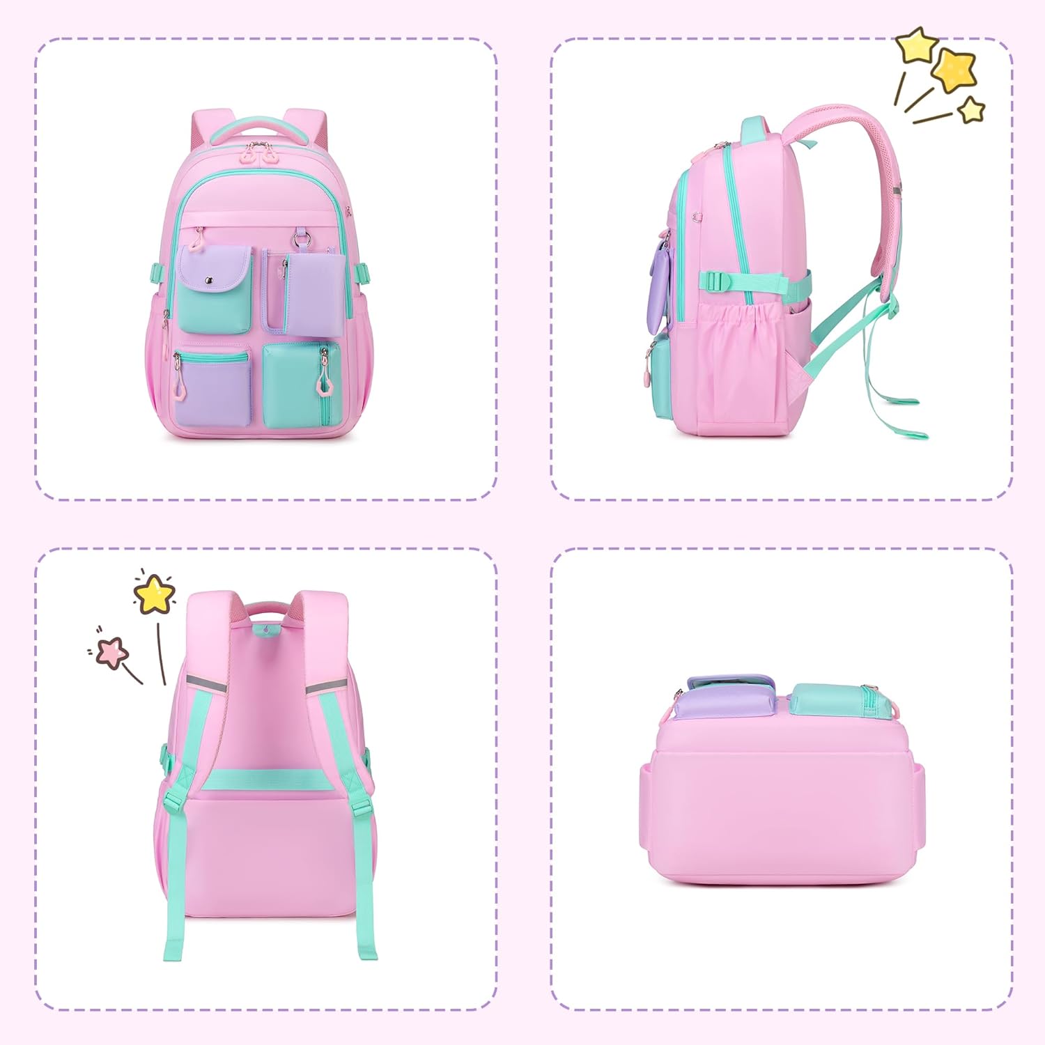 Backpack for Girls, Bookbag for Middle School & Elementary School, Multiple Pockets Cute Girls Backpacks Ages 6-12(Pink) image 9 of 9 B0F6LZX5VG