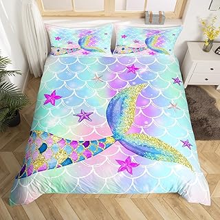 Erosebridal Rainbow Mermaid Comforter Cover Mermaid Tail Duvet Cover Girls Fish Scales Bedding Set Ocean Life Underwater Starfish Seashell Print Quilt Cover with 1 Pillowcase, Twin