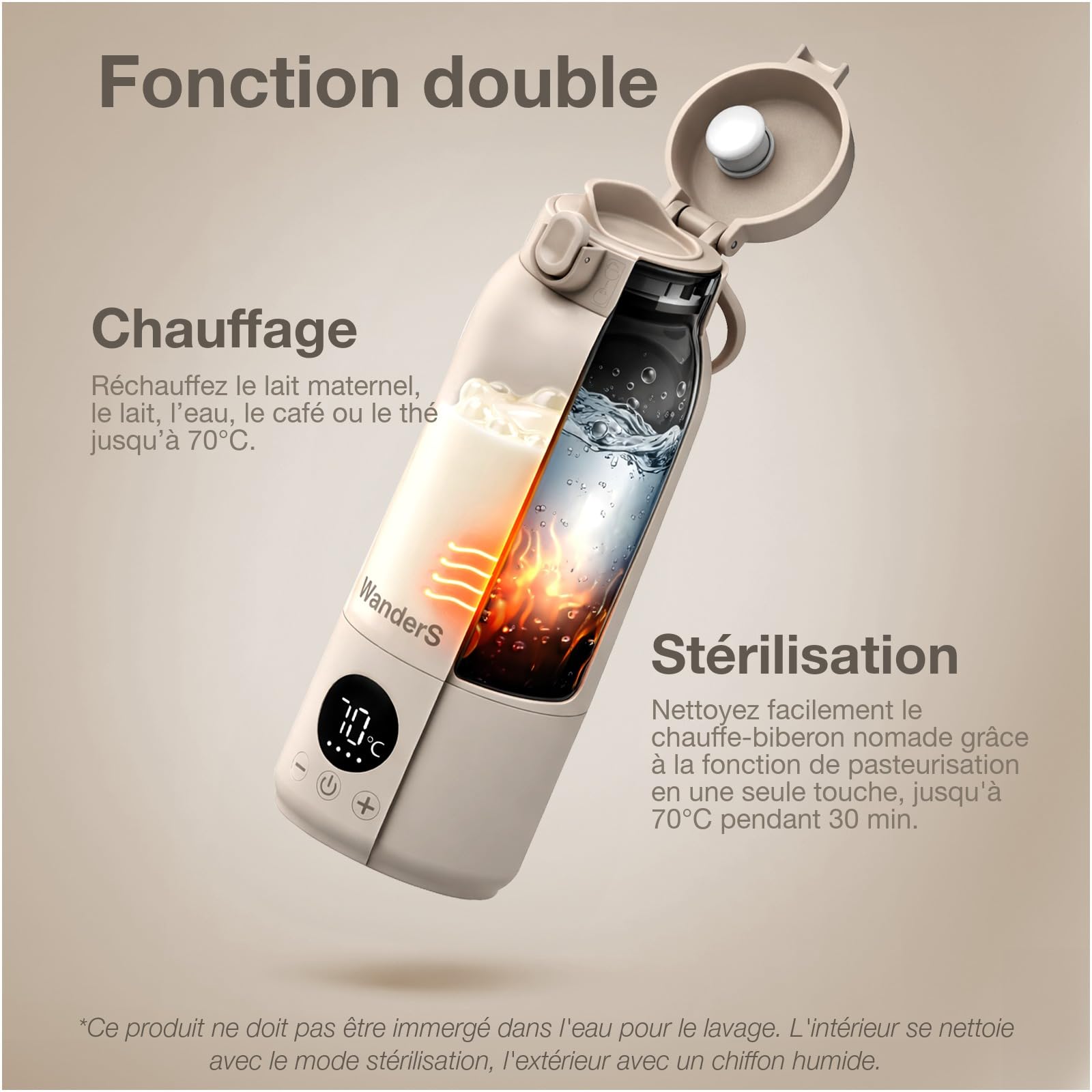 Chauffe-Biberon Nomade par WanderS – 500ML Chauffe-Biberon Portable - Contrôle Précis de la Température, Fonction Stérilisation, Acier Inoxydable 316L, Recharge USB-C, Étanche IPX6 et Verrou Sécurité