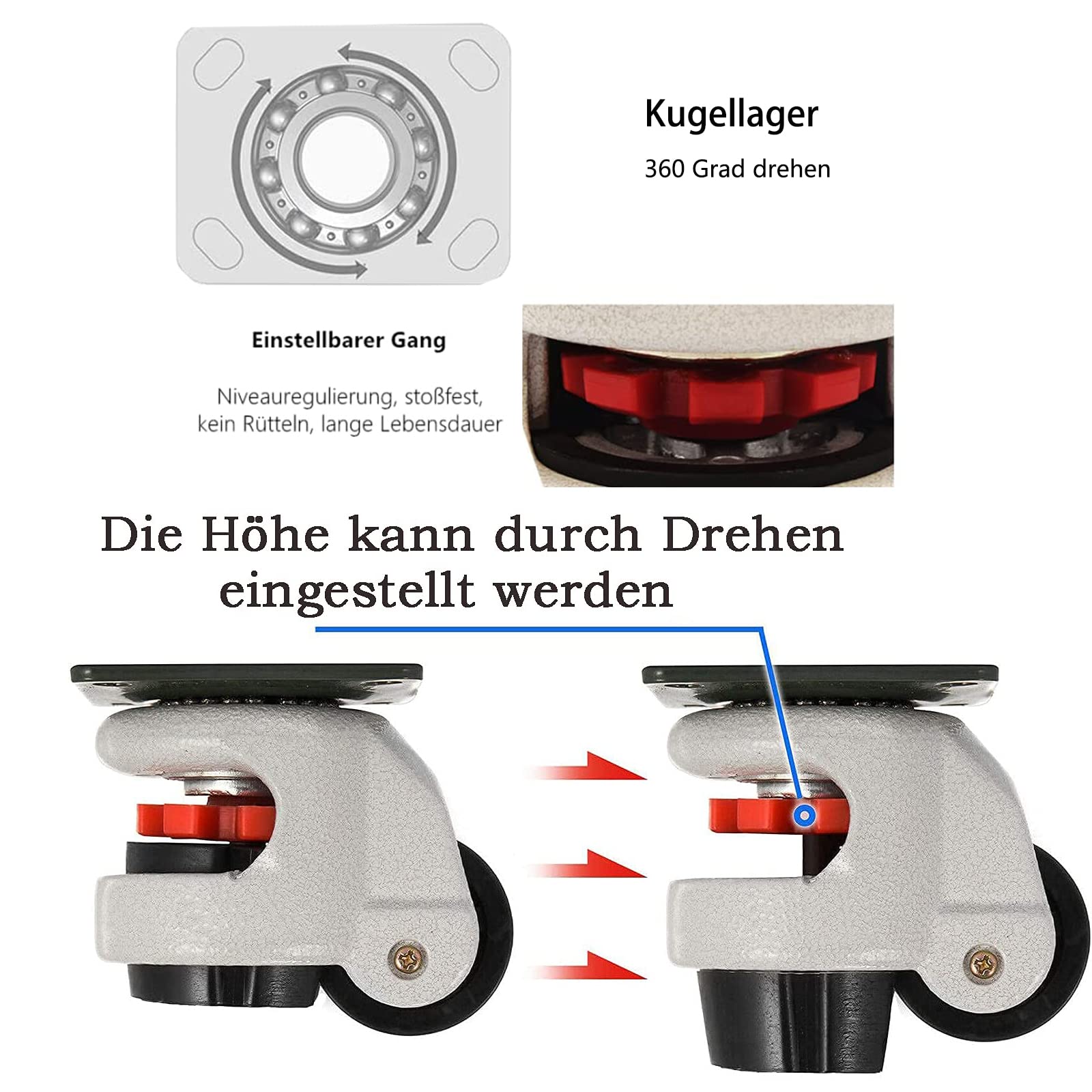 Schwerlast Rollen Lenkrollen 50mm Werkbank Werkstatt Maximal Belastbar 1000kg, Einziehbare Nivellierrolle Industriemaschine Transportrollen Schwerlastrollen für Prowerkbank, 8 STK (DREI Größen)