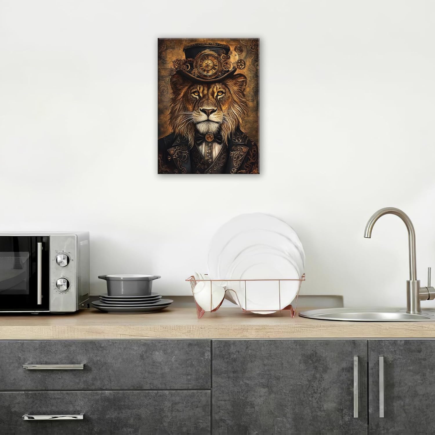 Kylora Lion Wall Art, Steampunk Pictures Wall Decor, Retro Steampunk Lion Canvas Prints Painting, Framed Artwork For Bathroom Bedroom Living Room Office Home Decoration 24"X20"