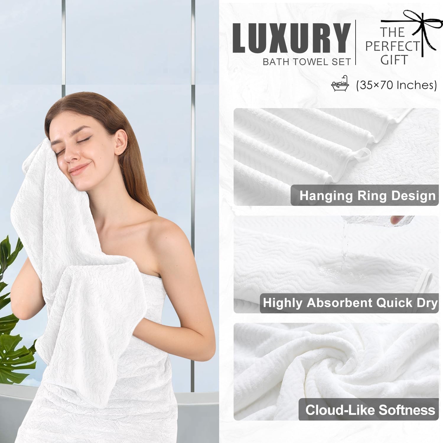 8 Piece Bath Towel Set White|2 Oversized Large Bath Sheet,2 Hand Towels,4 Washcloths| Ultra Soft Cozy Bath Towel Set for Bathroom Hotel Gym Spa,Highly Absorbent & Quick Dry Bathroom Towel Collections - Image 3