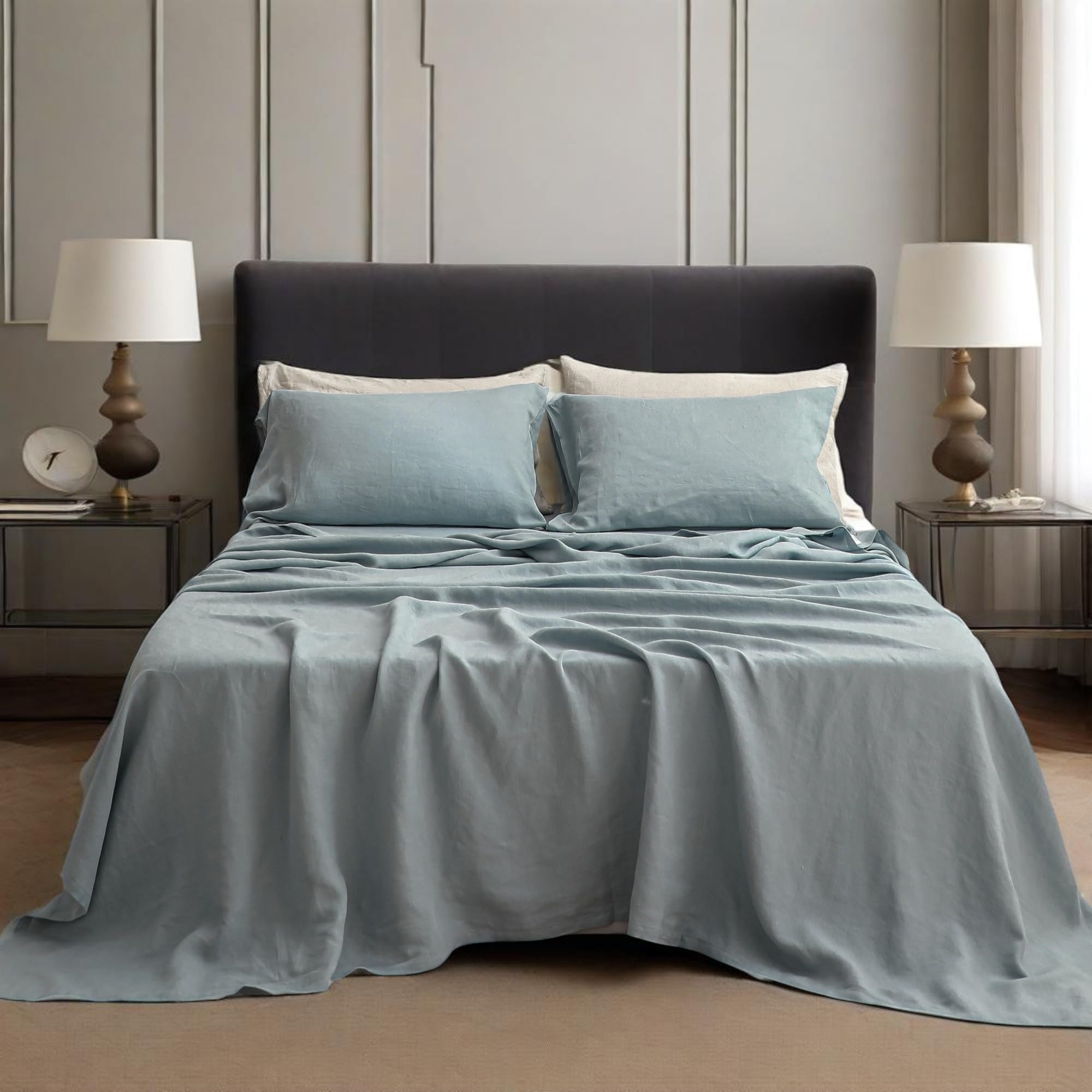 Simple&Opulence Set di lenzuola in 100% lino, in tinta unita, 4 pezzi di lenzuola in lino francese lavato (1 lenzuolo piano, 1 lenzuolo con angoli, 2 federe), set di biancheria da letto traspirante