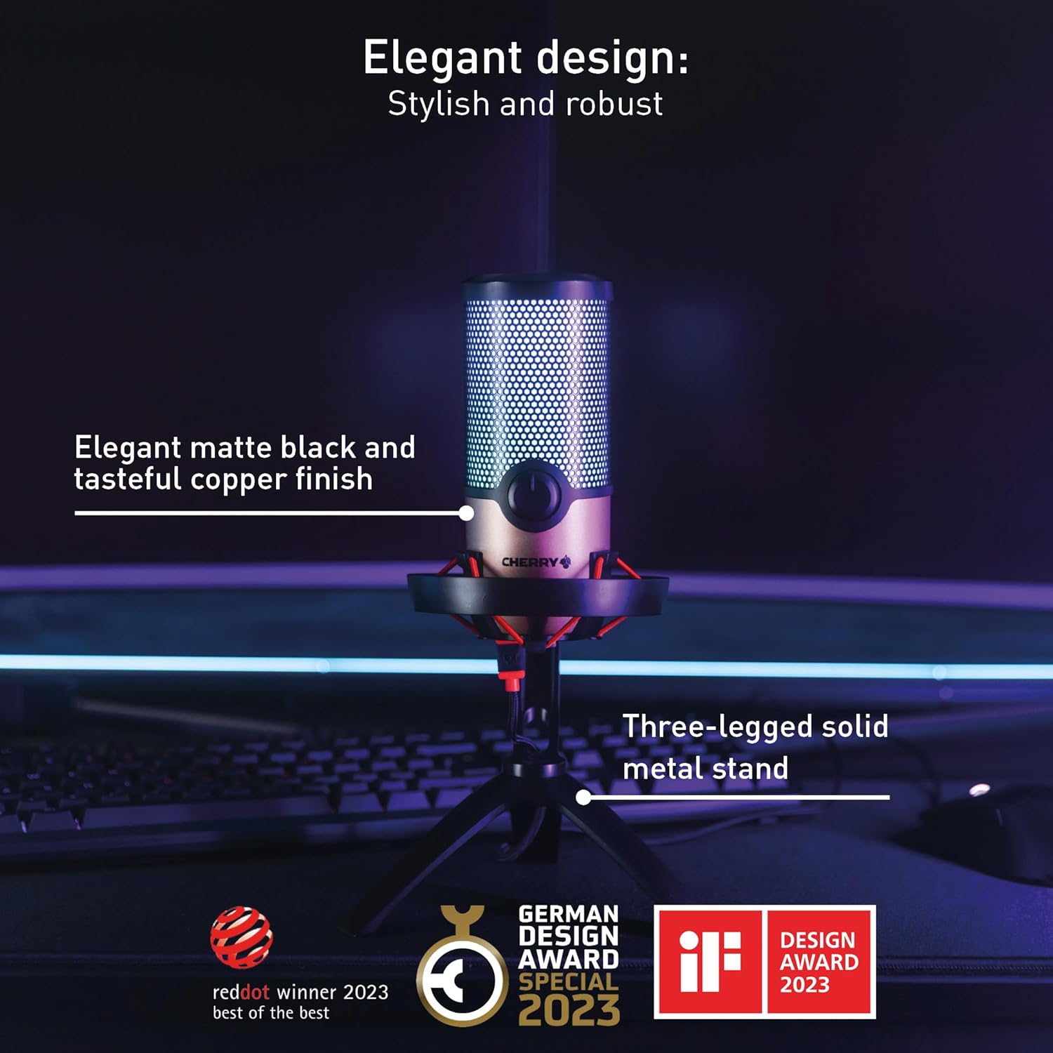 Cherry UM 9.0 PRO RGB, USB Microphone with RGB Lighting, for Gaming, Streaming, ASMR, 4 Directional Patterns, Compatible with PC/Mac/PS4/PS5, Copper/Black