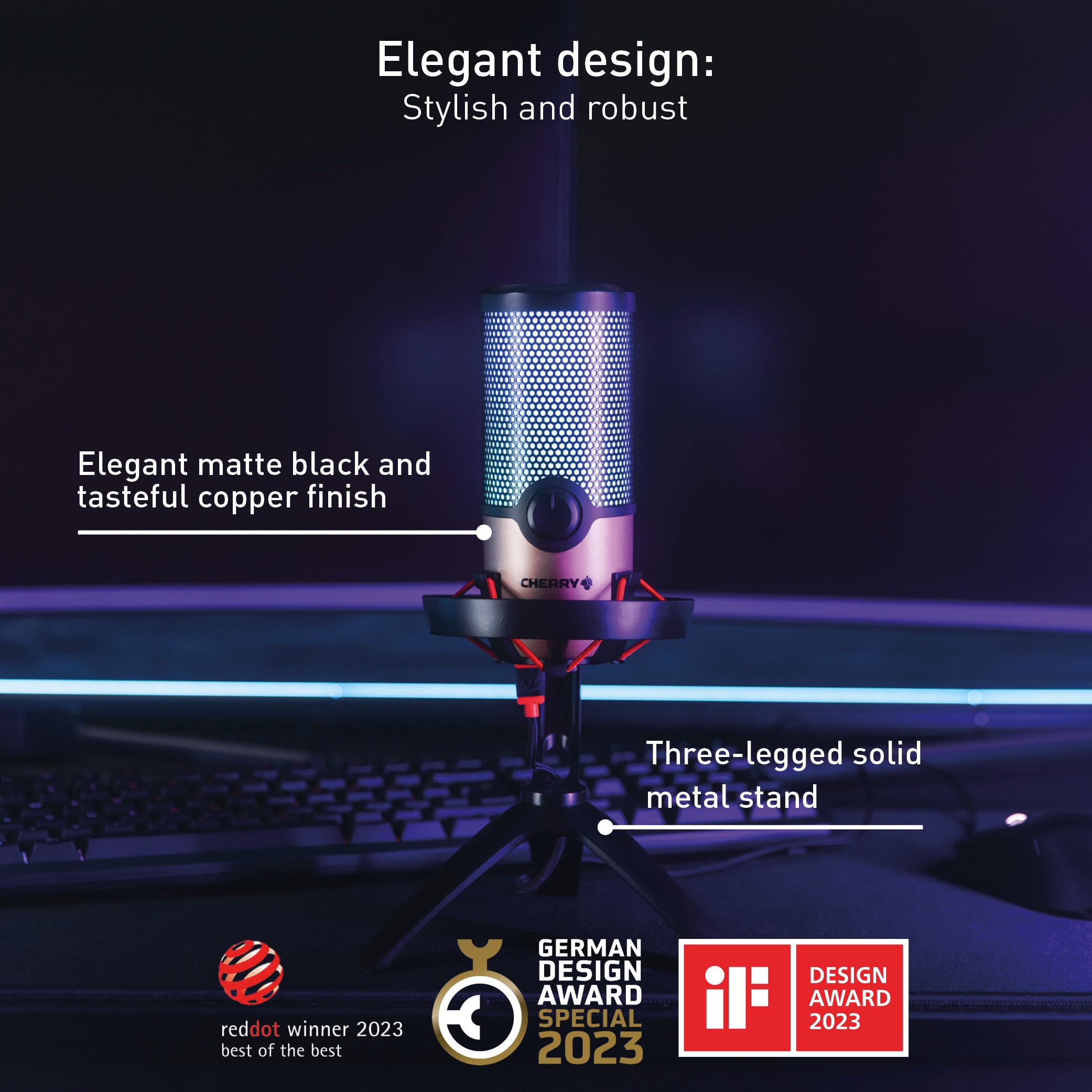 CHERRY UM 9.0 PRO RGB, mikrofon USB z podświetleniem RGB, do gier, streamingu, ASMR, 4 charakterystyki kierunkowe, Shock Mount, Touch Mute, kompatybilny z PC/Mac/PS4/PS5, czarno-miedziany