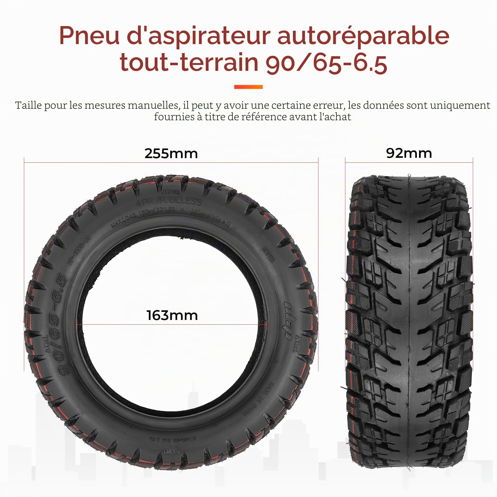 Lot de 2 pneus sous vide 90/65-6,5 de 27,9 cm avec colle intégrée réparable pour scooter Dualtron Zero 11X Kaabo Compatible avec la plupart des mini Pocket Bikes 38 cc, 47 cc et 49 cc MTA1/MTA2