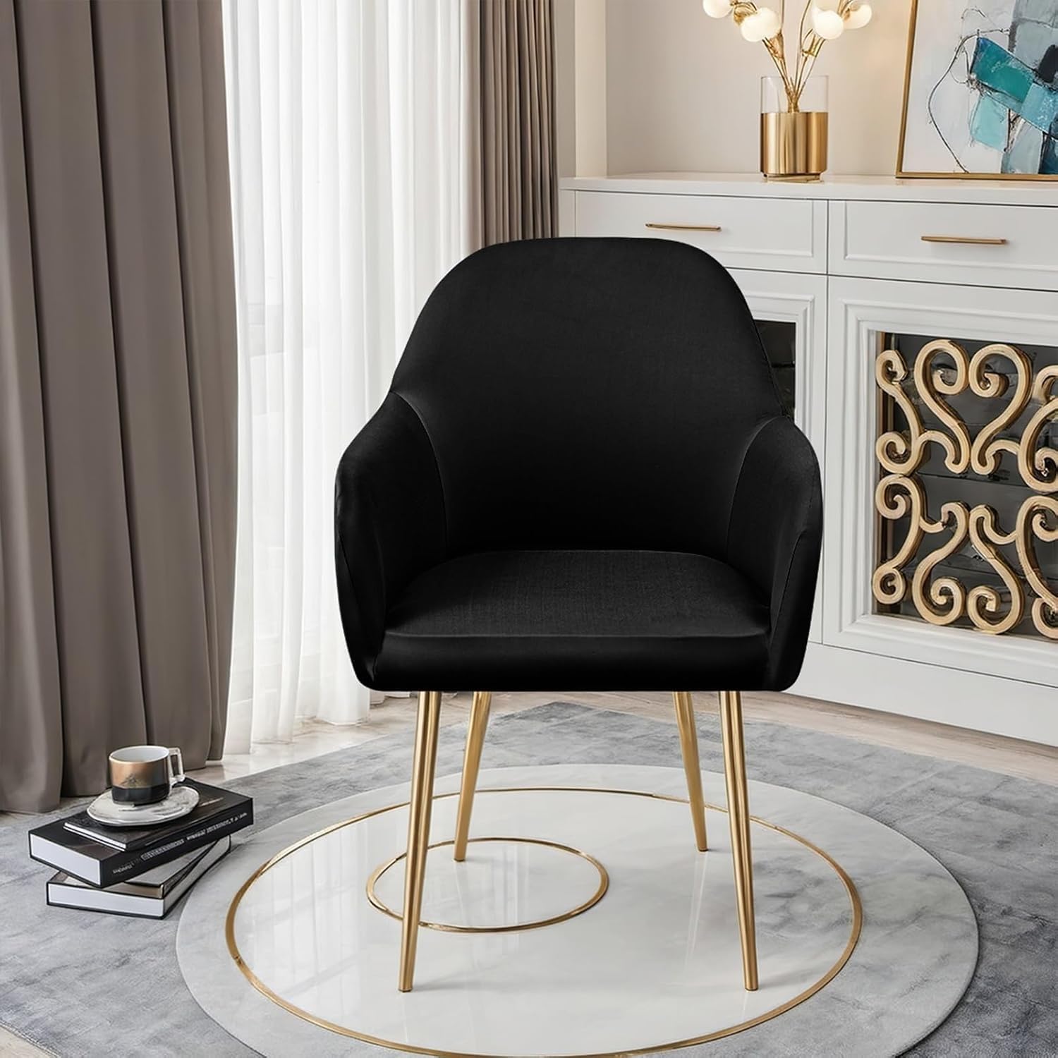 Vanity Swivel Armchair Cover, Stretch Curved Back Dining Chair Covers with Armrest Set of 1/2/4/6, Office Desk Chair Slipcovers, for Bedroom Party Hotel(N-black,1PCS)