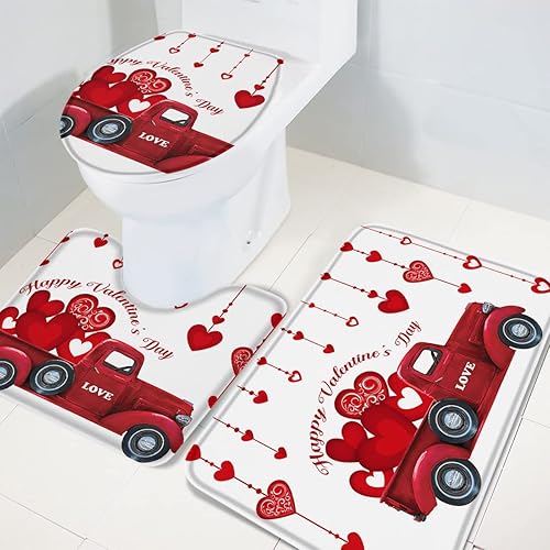 Miniatura 4 de Juego de alfombras de baño de 3 piezas, diseño de camión rojo, corazón, día de San Valentín, suave, antideslizante, alfombra de baño absorbente,