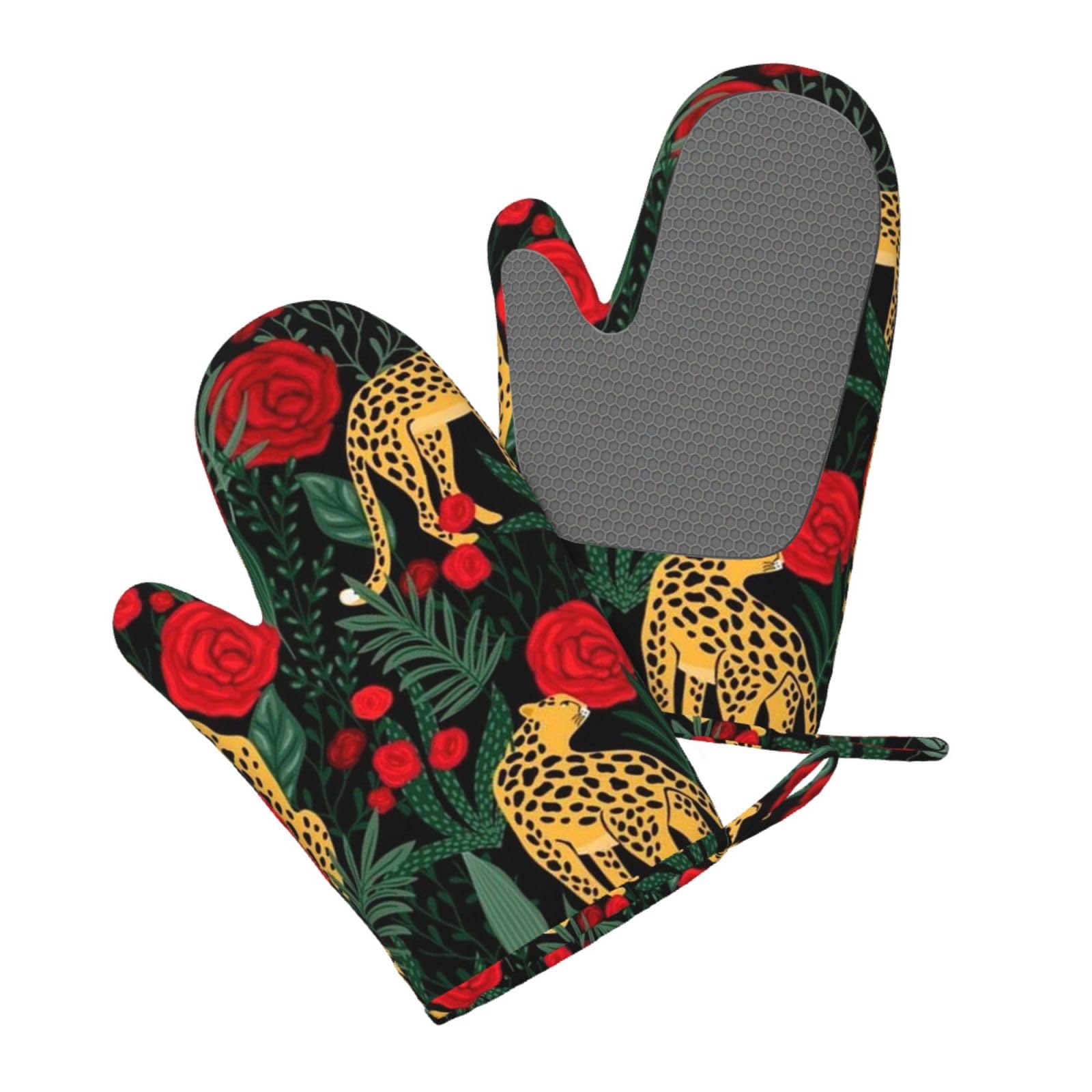 Silicone Oven Mitts Set 2PCS, Wildlife Panther Smelling Red Rose Printed Heat Resistant Non-Slip Silicone Oven Gloves for Kitchen Cooking Baking Microwave