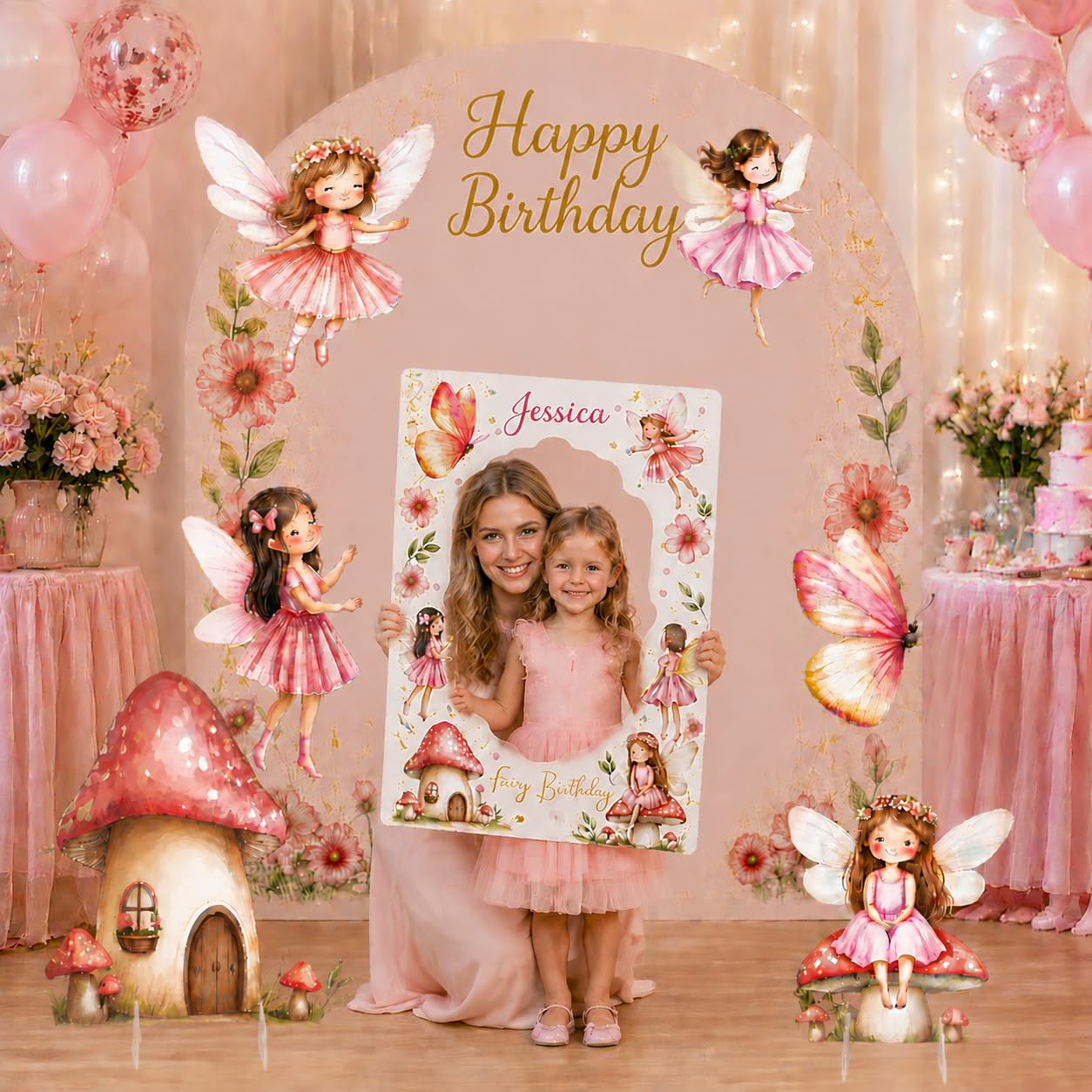 7 decoraciones de cumpleaños de hadas, recortes grandes de cartón con soporte