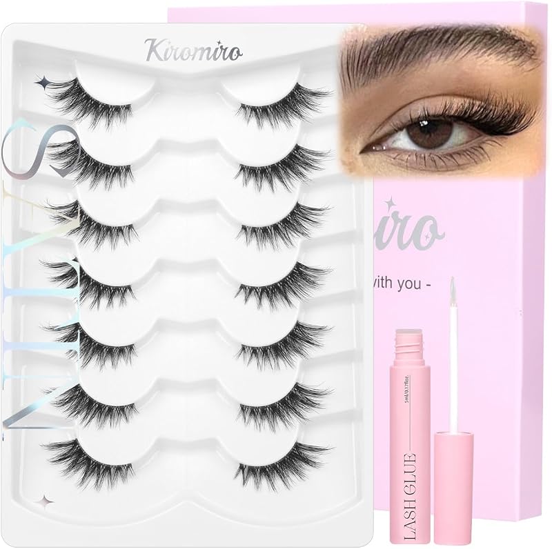 Cílios postiços meia-lua Kiromiro 16 mm com faixa transparente e cola