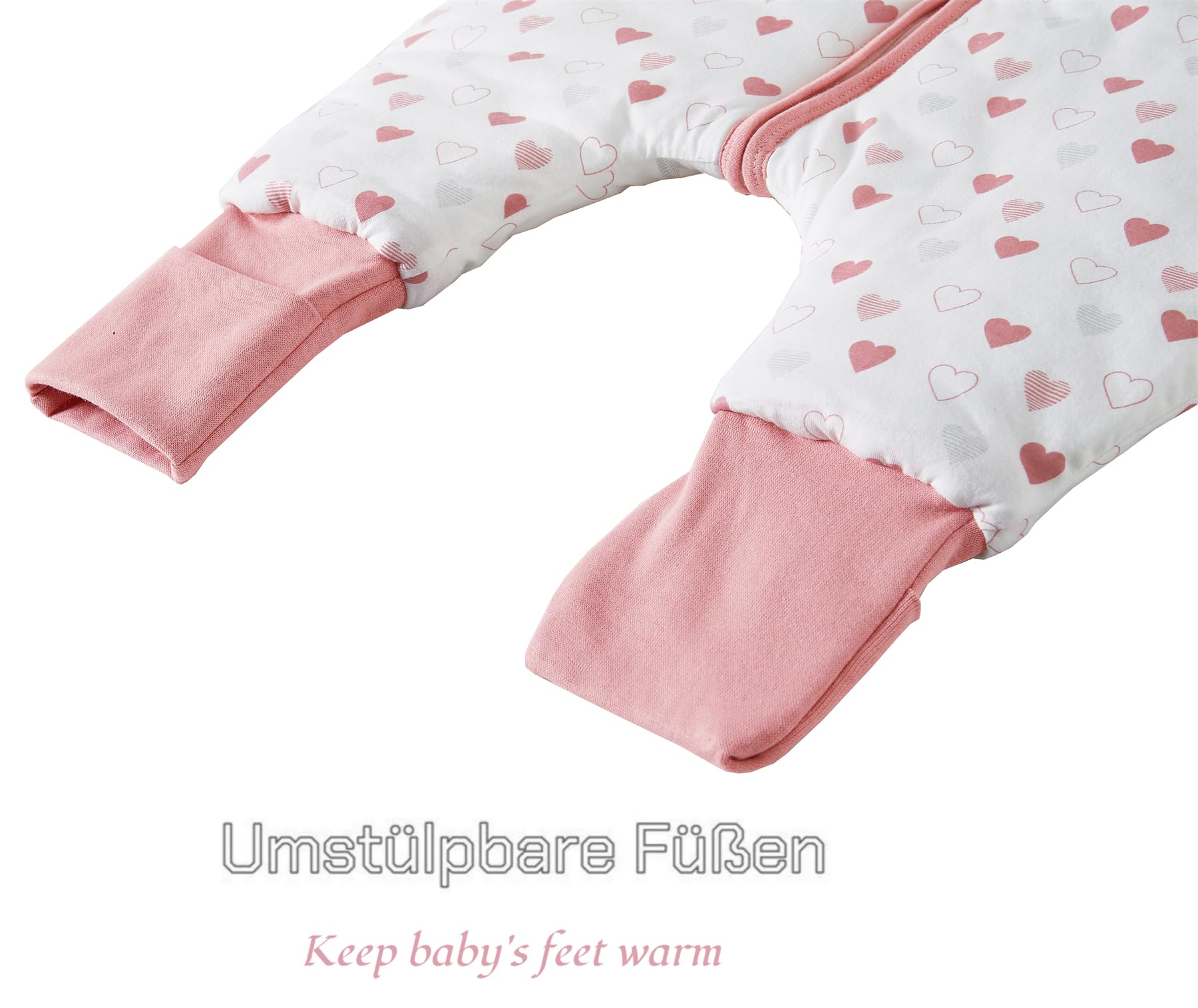 Sacco nanna invernale con piedi, in cotone, 2,5 Tog, per bambini, con gambe, 2,5 tog, cuore + coniglio, 70 cm, altezza bambino 80-90 cm