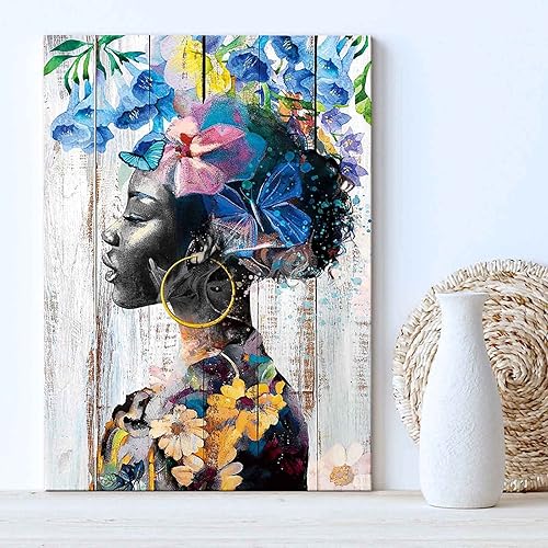 African American Wall Art Black Women Art Wall Decor Blue Flower Pictures Abstract Paintings Framed Portrait Artwork for Bathroom Bedroom Office Wall Decorations Small Farmhouse Butterfly Art Prints