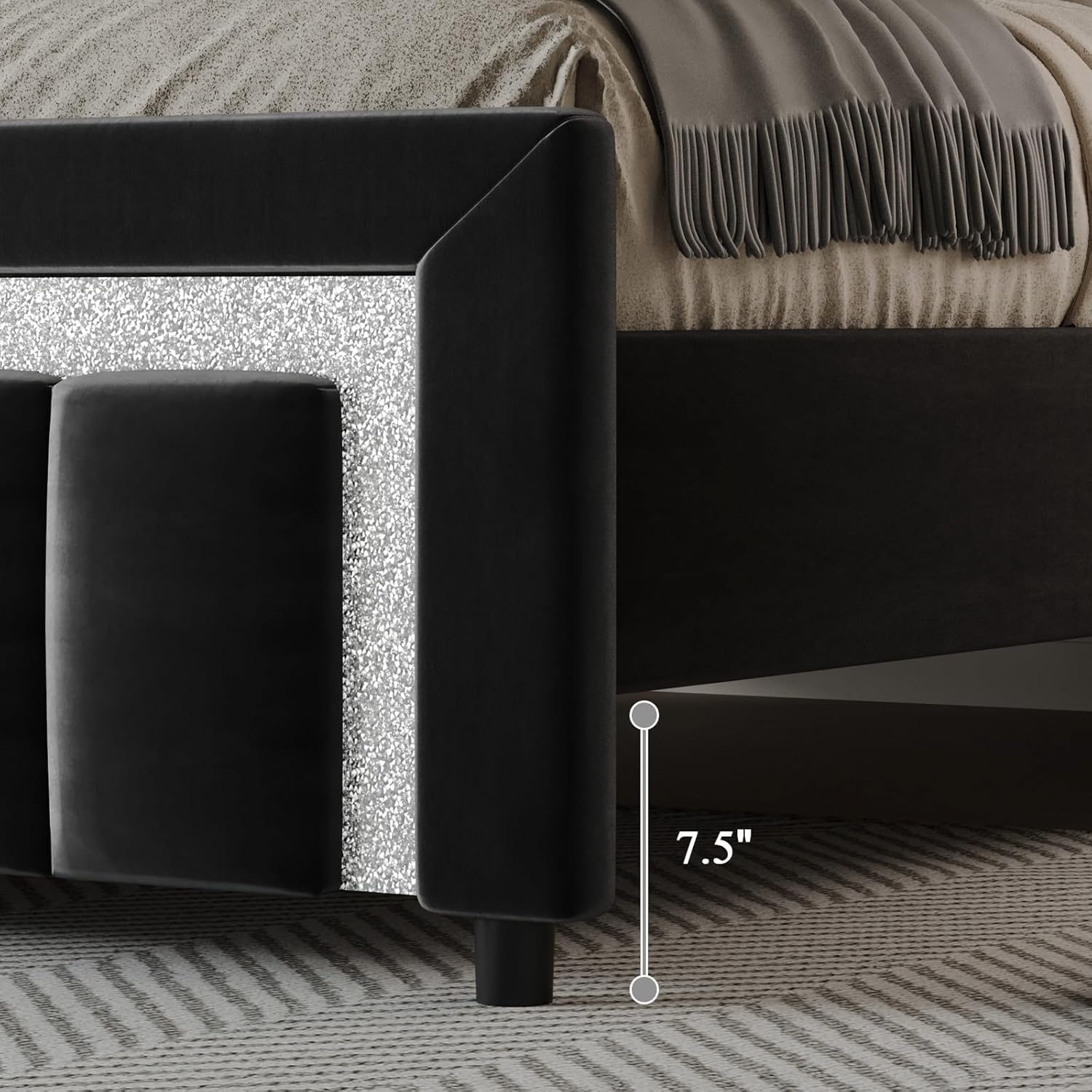 HOMBCK Queen Bed Frame with Headboard, Velvet Upholstered Platform Bed Frame Queen Size with Diamond Headboard & Footboard, Wooden Slats Support, No Box Spring Required, Easy Assembly, Black